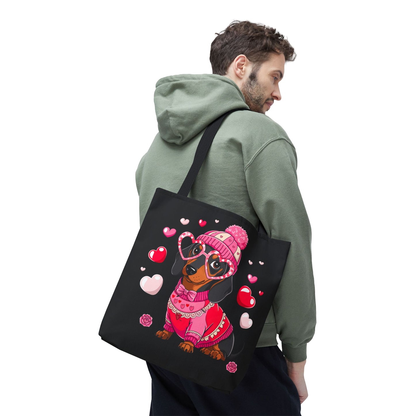 Princess Grace  Cute Dog Lover Tote Bag Adorable Valentines Gift with Heart and Pink Sweater Design