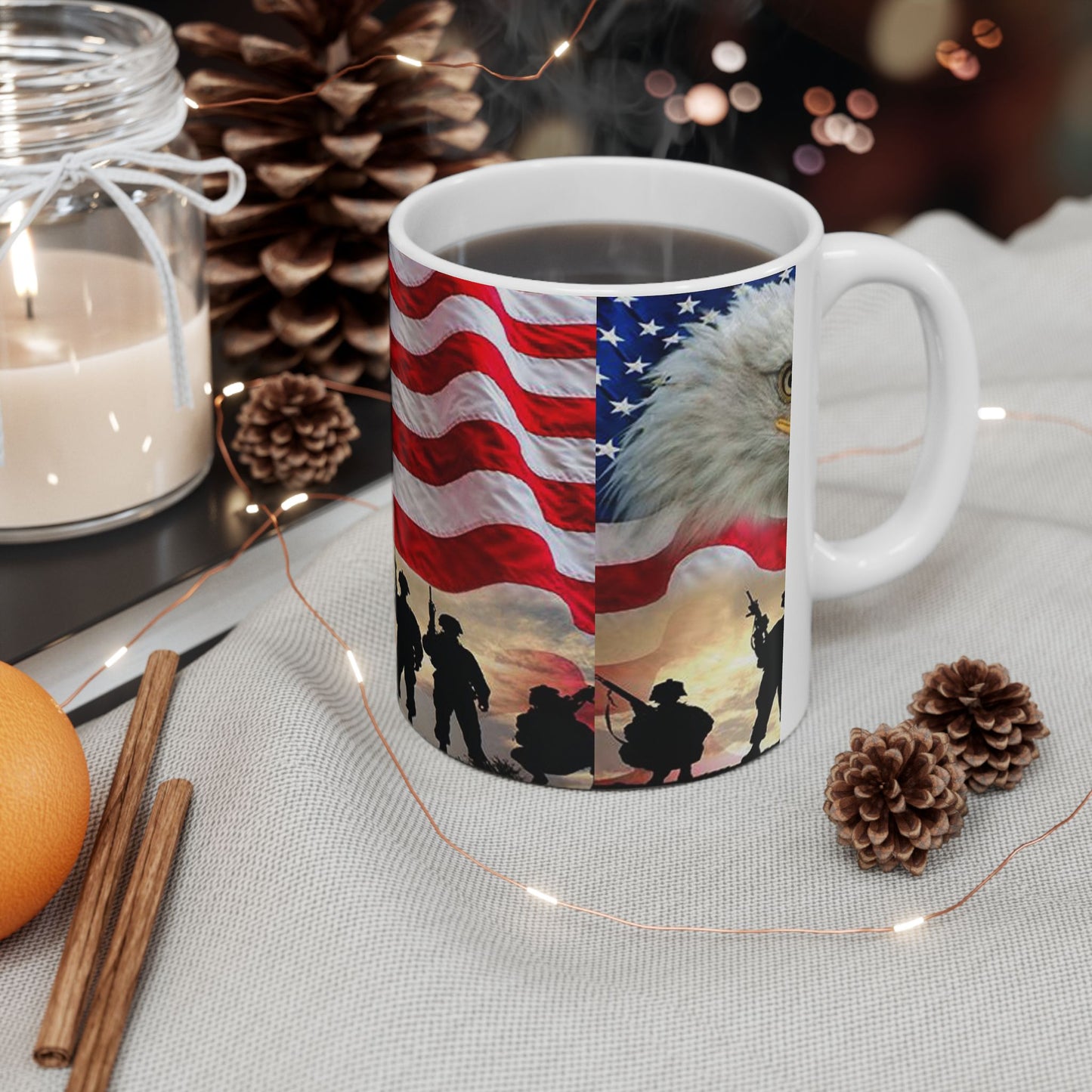 Princess Grace Patriotic Ceramic Mug, Military Tribute Coffee Cup, Eagle Flag Design, 11oz 15oz, Veterans Day Gift, Independence Day Decor