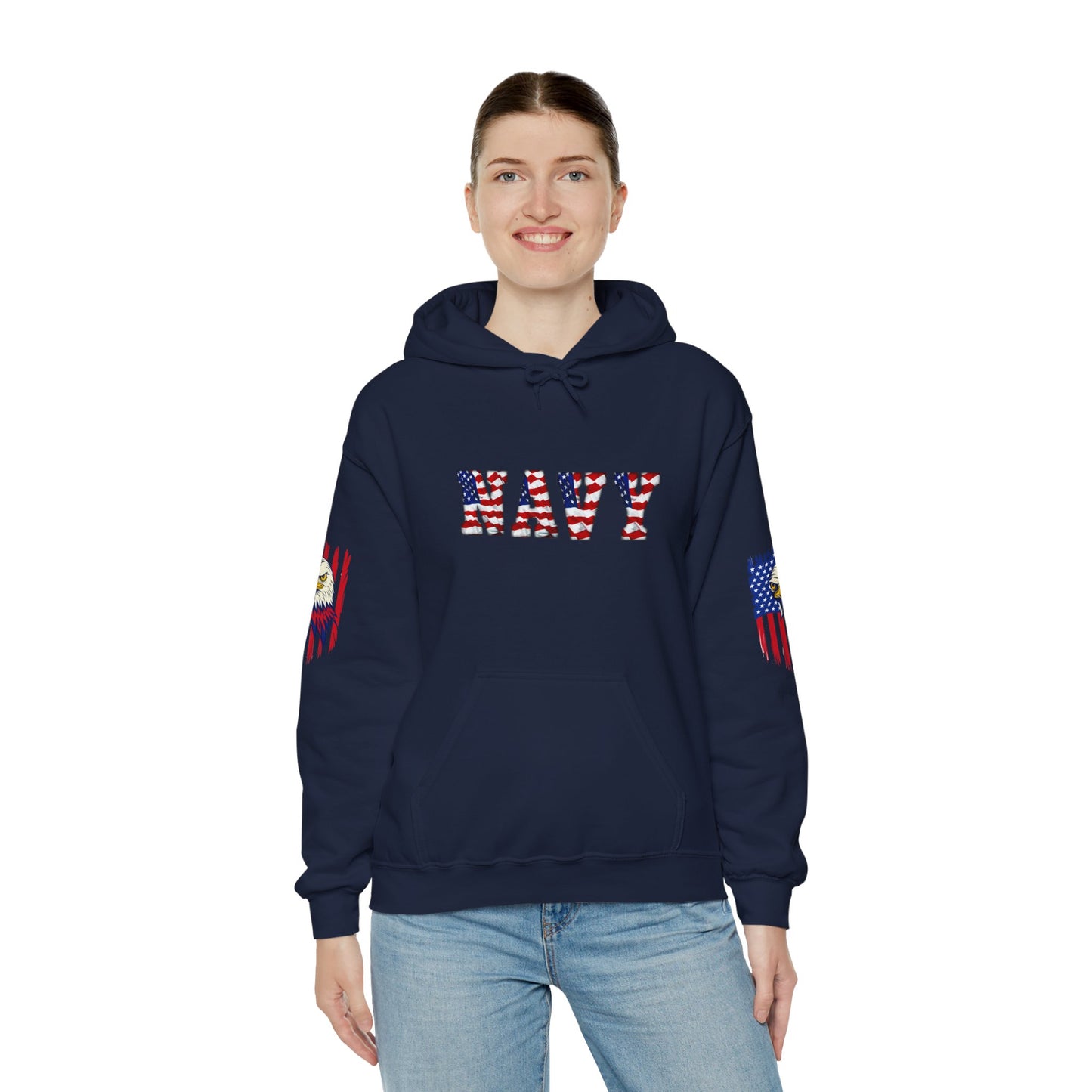 Princess Grace  Patriotic Eagle Navy Hoodie Unisex Heavy Blend Sweatshirt with Flags