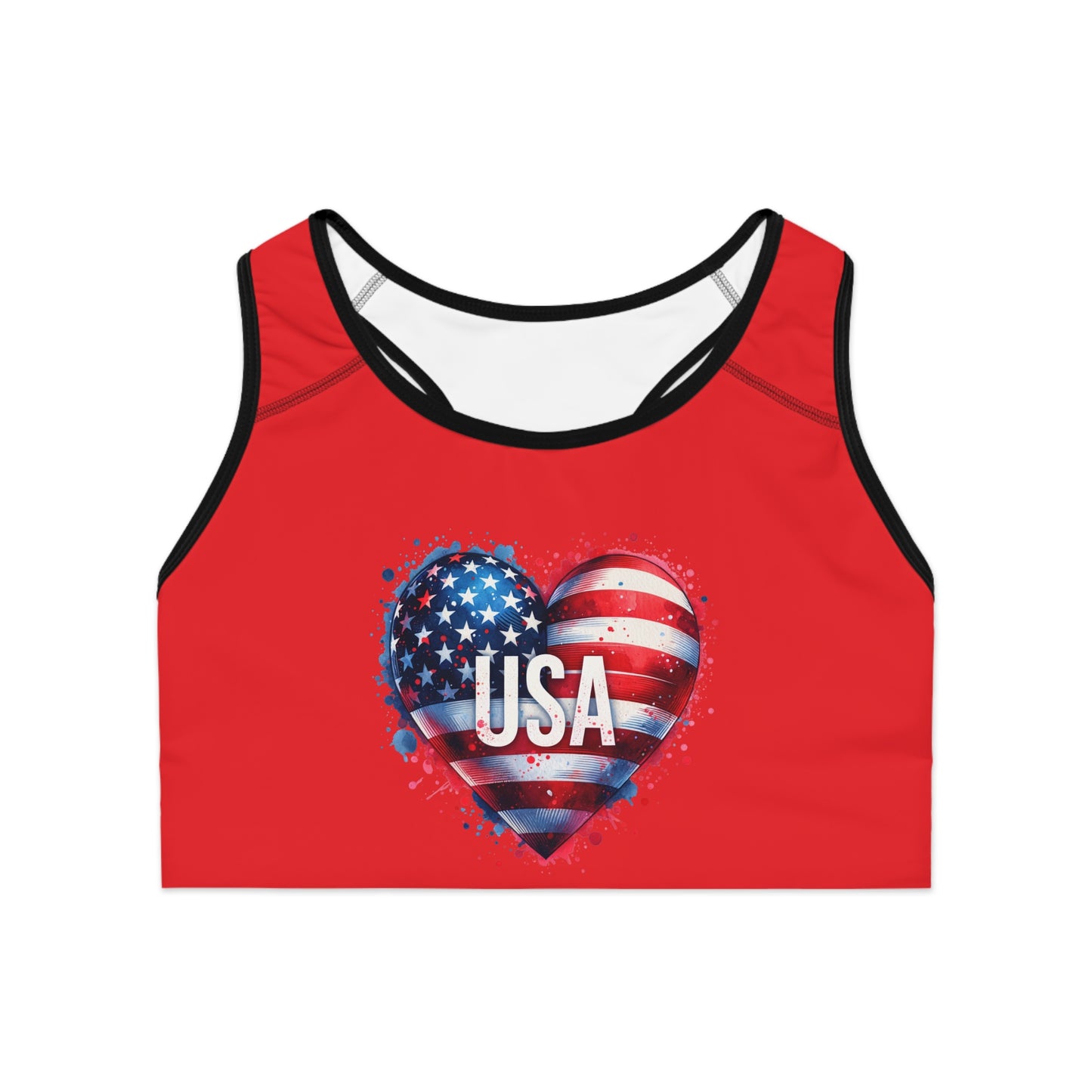 Princess Grace  USA Heart Sports Bra  Red Patriotic Workout Top