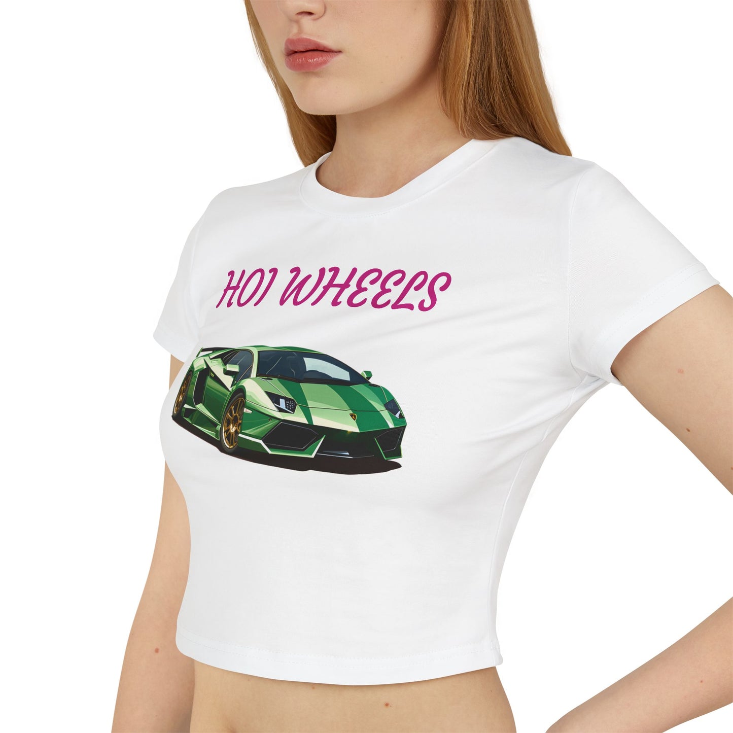 Princess Grace  HOI WHEELS Women's Baby Tee Stylish Car Graphic Shirt for Auto Enthusiasts