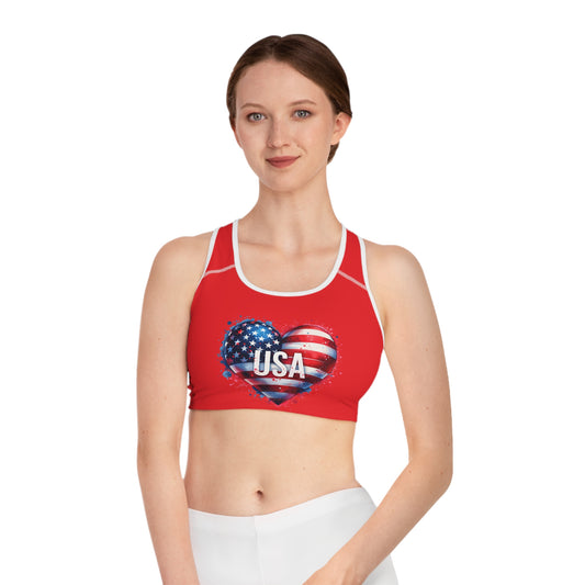 Princess Grace  USA Heart Sports Bra  Red Patriotic Workout Top