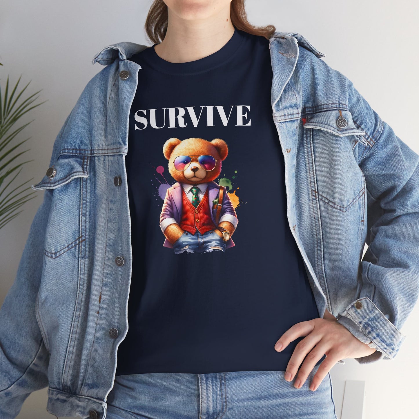 Princess Grace  Unisex Heavy Cotton Tee  'Survive' Teddy Bear Graphic T-Shirt for Casual Wear