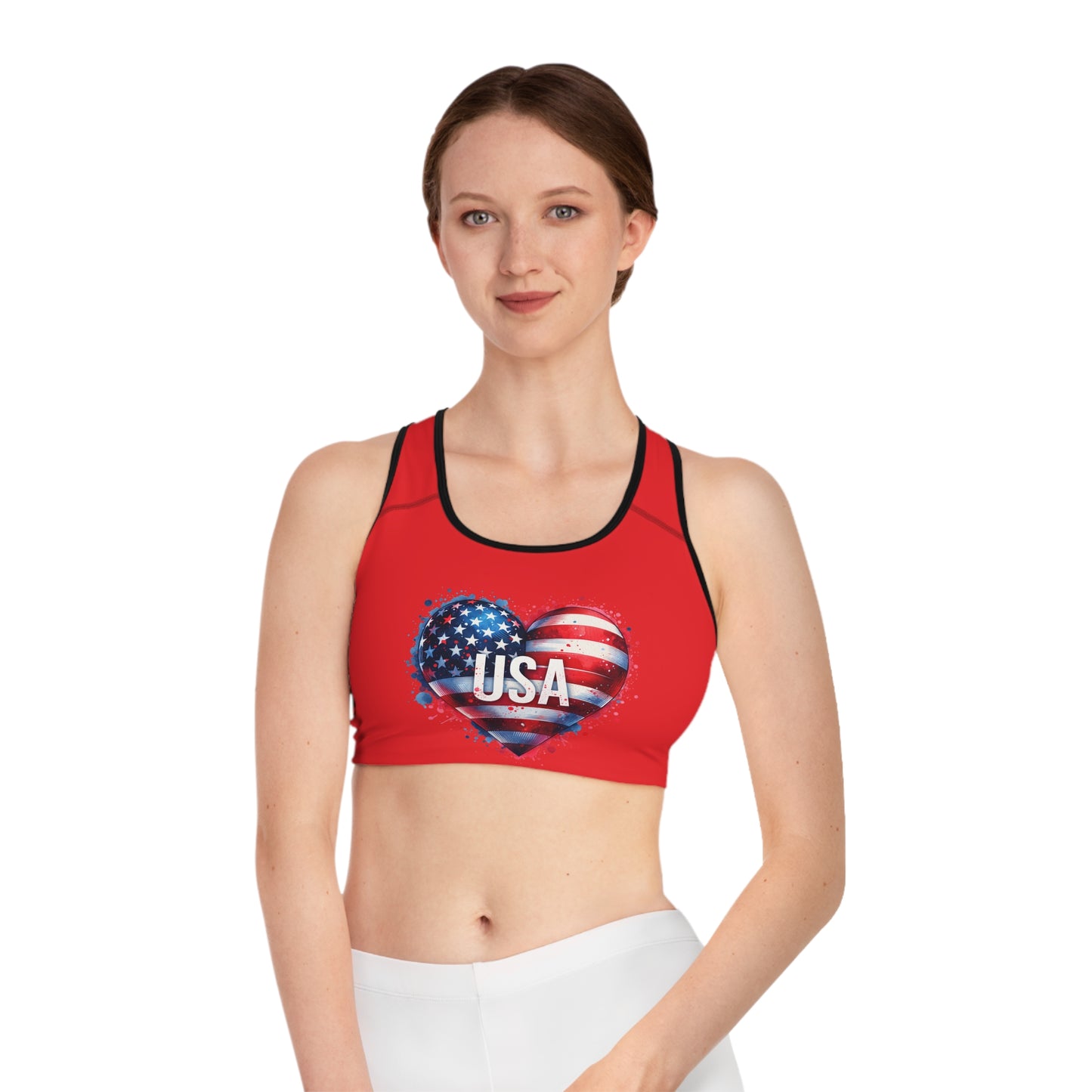 Princess Grace  USA Heart Sports Bra  Red Patriotic Workout Top