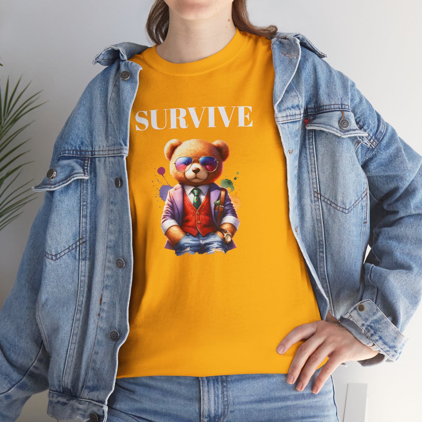 Princess Grace  Unisex Heavy Cotton Tee  'Survive' Teddy Bear Graphic T-Shirt for Casual Wear