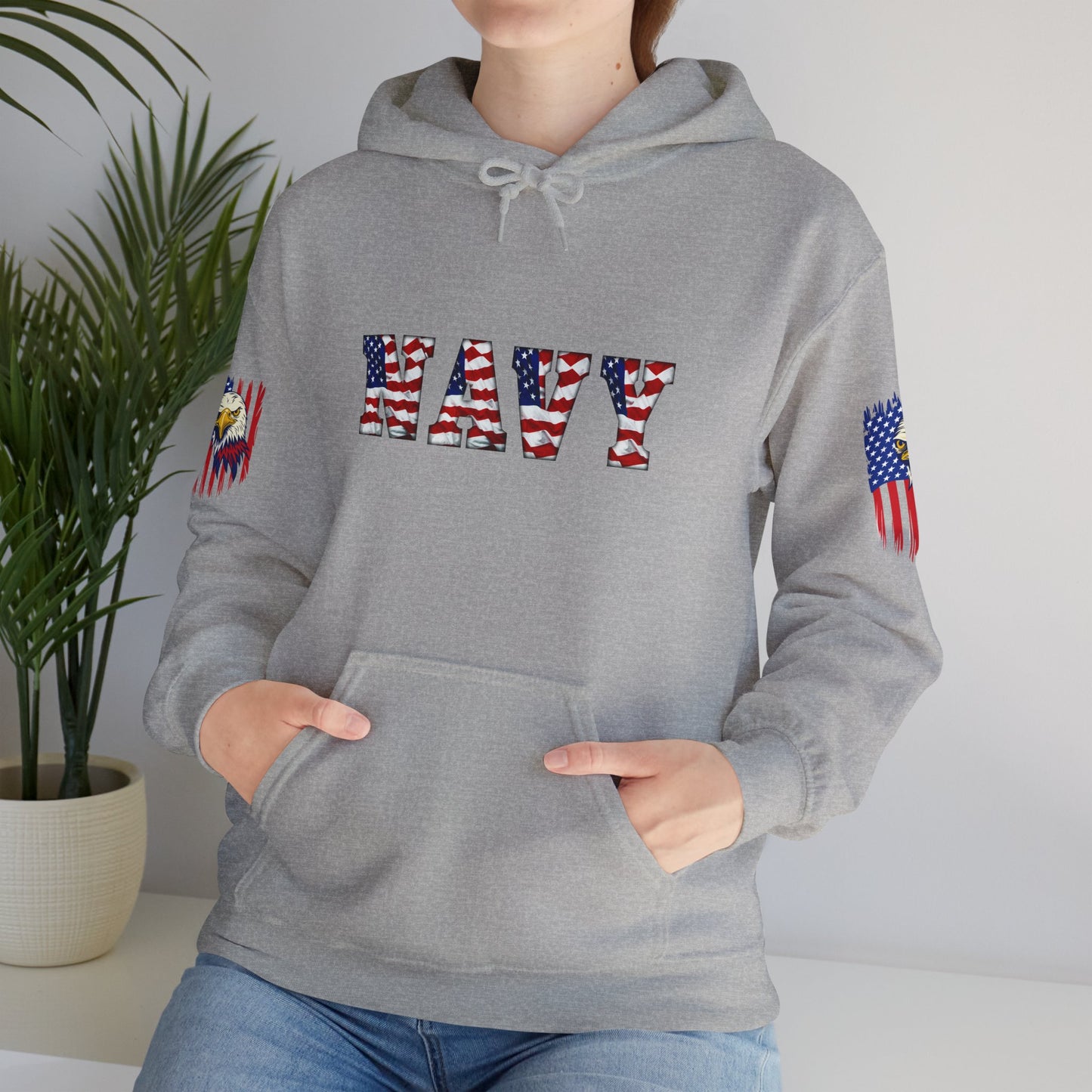 Princess Grace  Patriotic Eagle Navy Hoodie Unisex Heavy Blend Sweatshirt with Flags