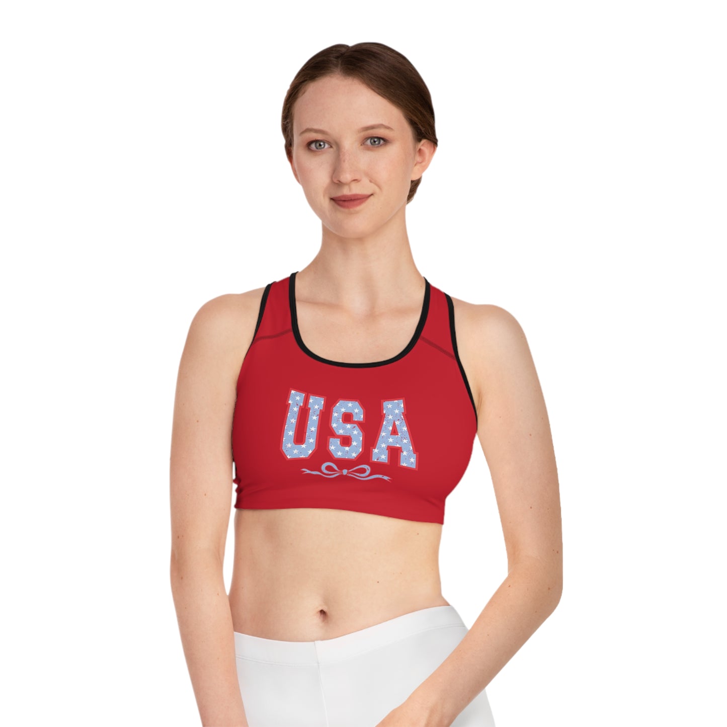 Princess Grace  USA Red Sports Bra  Comfortable Athletic Wear for Independence Day & Fitness Lovers