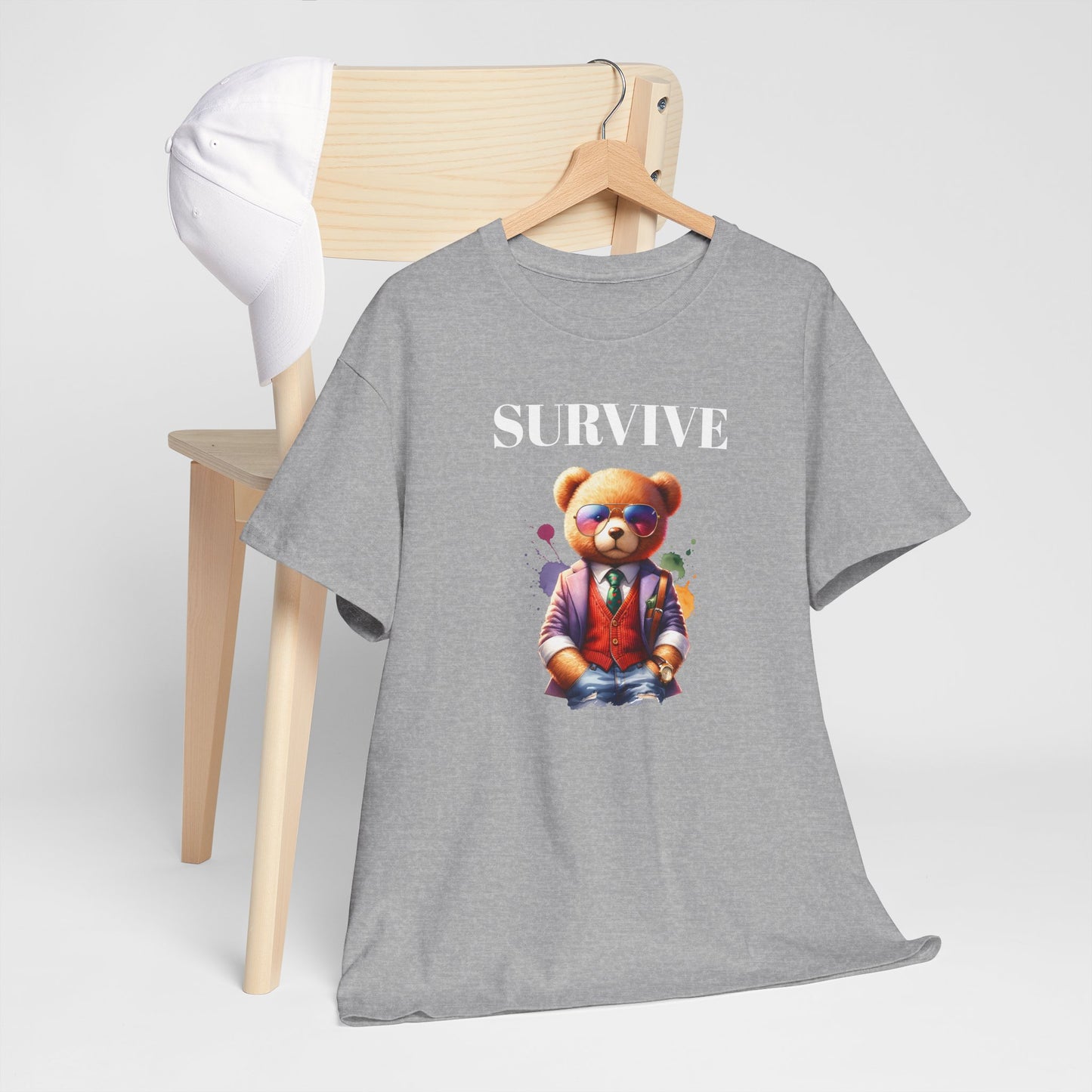 Princess Grace  Unisex Heavy Cotton Tee  'Survive' Teddy Bear Graphic T-Shirt for Casual Wear