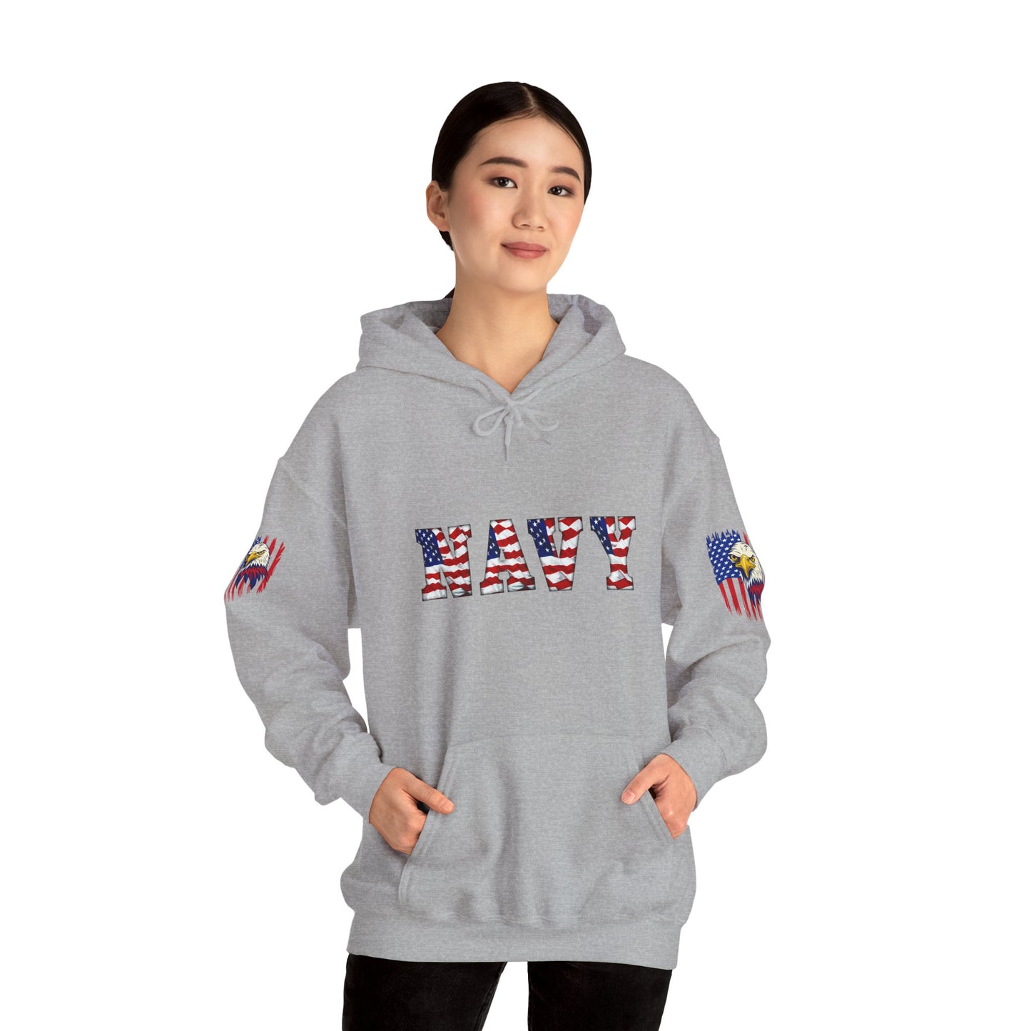 Princess Grace  Patriotic Eagle Navy Hoodie Unisex Heavy Blend Sweatshirt with Flags
