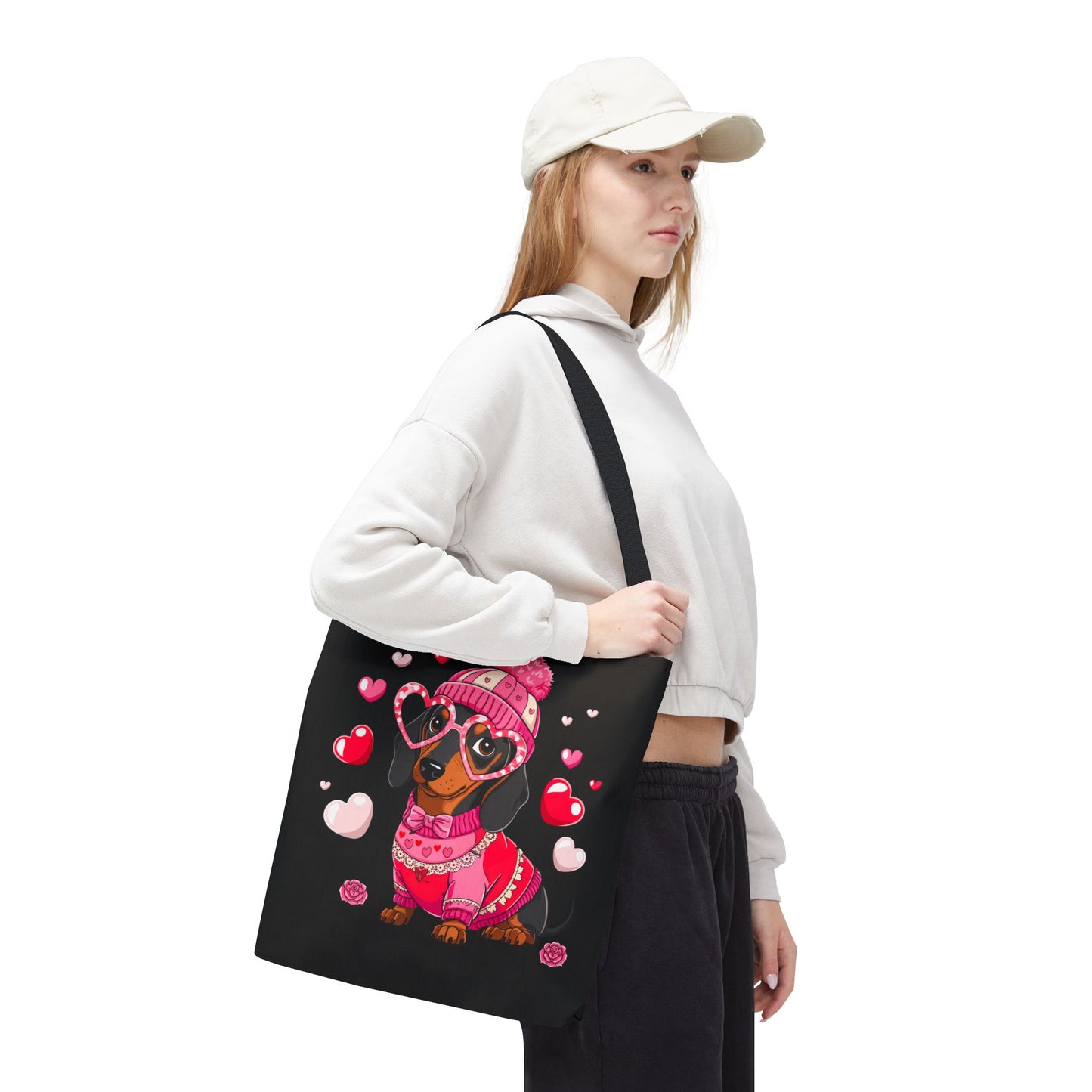 Princess Grace  Cute Dog Lover Tote Bag Adorable Valentines Gift with Heart and Pink Sweater Design