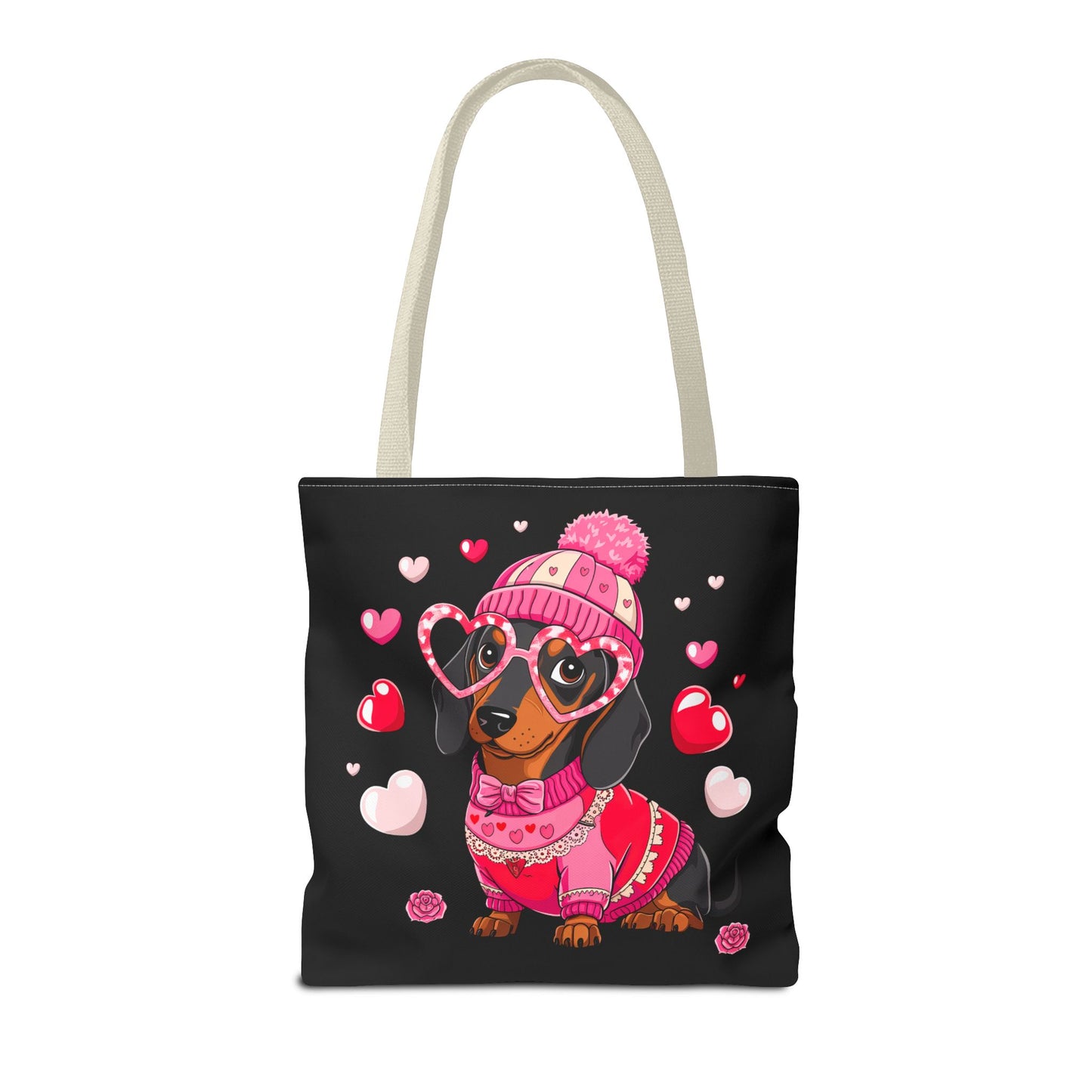 Princess Grace  Cute Dog Lover Tote Bag Adorable Valentines Gift with Heart and Pink Sweater Design