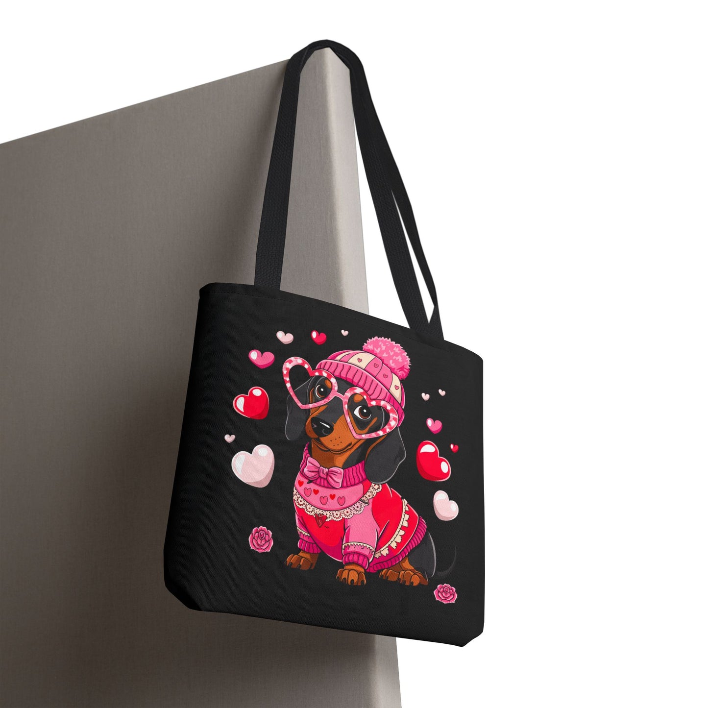 Princess Grace  Cute Dog Lover Tote Bag Adorable Valentines Gift with Heart and Pink Sweater Design