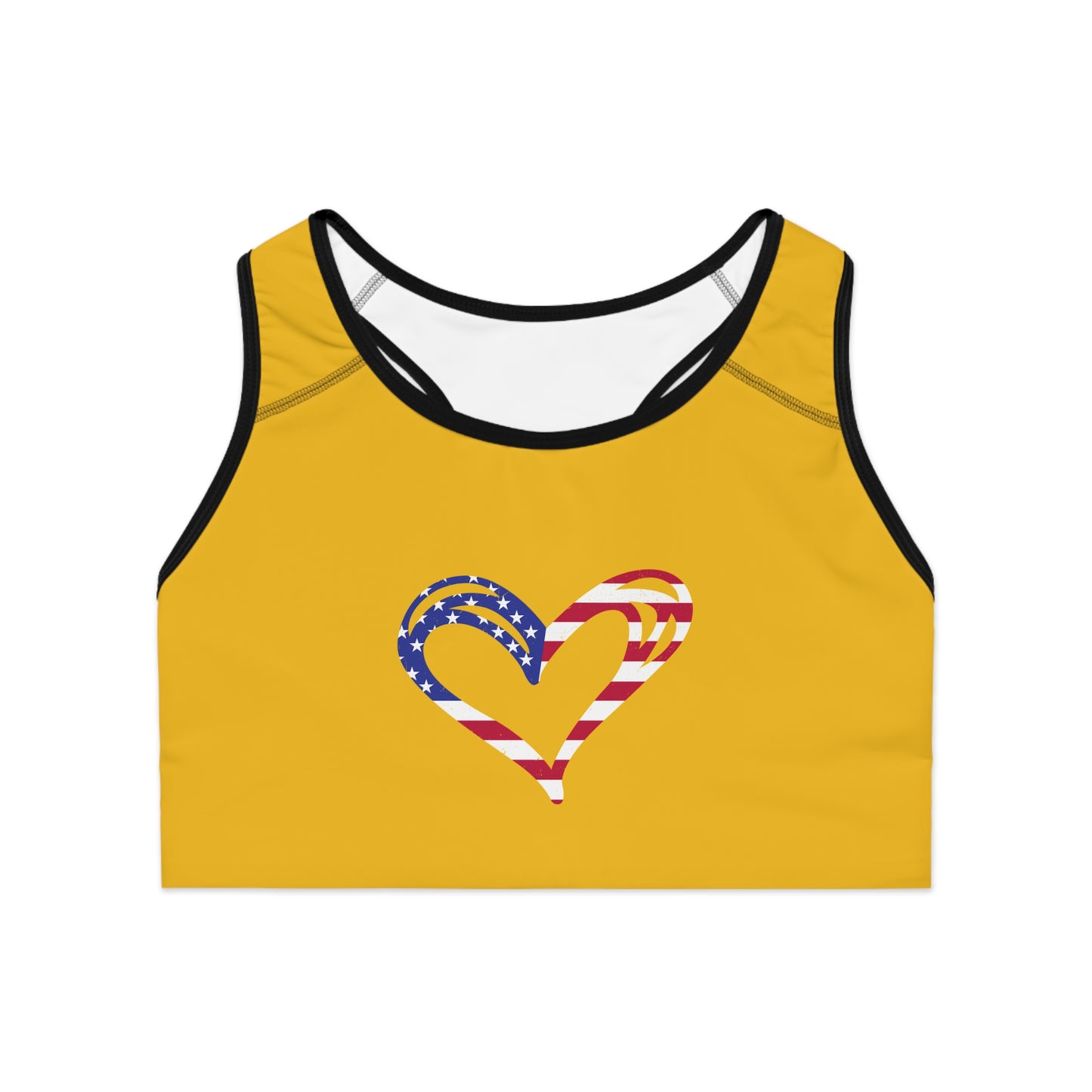 Princess Grace  Patriotic Heart Sports Bra  Yellow Fitness Top for Active Women