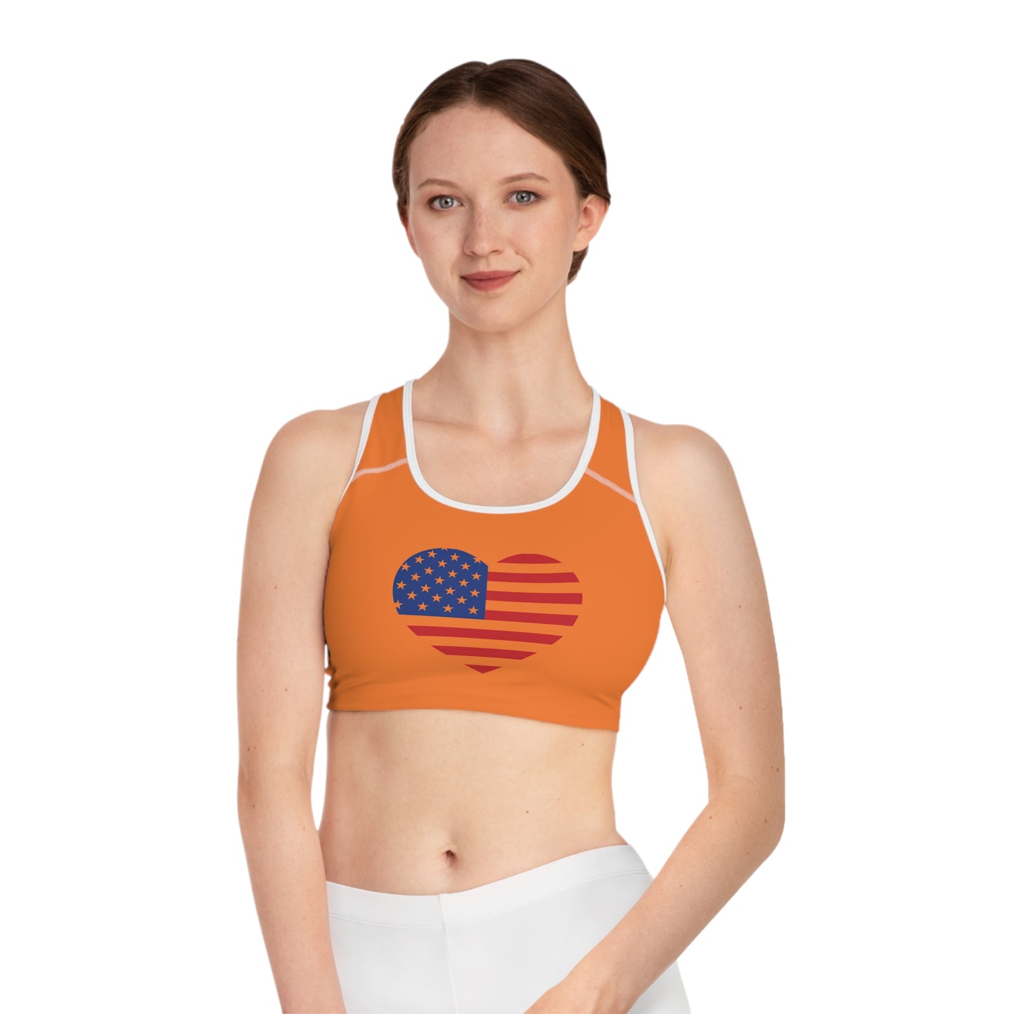 Princess Grace  Patriotic Sports Bra with Heart Design -USA Flag Print for Active Lifestyle