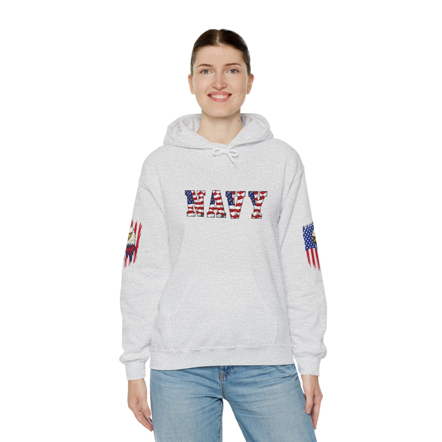 Princess Grace  Patriotic Eagle Navy Hoodie Unisex Heavy Blend Sweatshirt with Flags