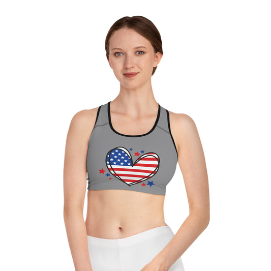 Princess Grace  Patriotic Heart Sports Bra American Flag Design for Fitness and Active Lifestyle