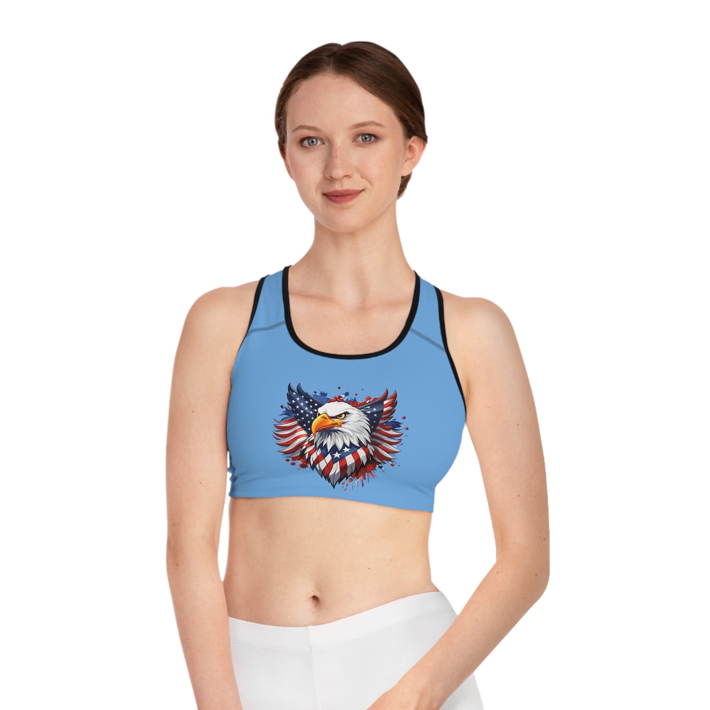 Princess Grace  Patriotic Eagle Sports Bra  USA Flag Design  Perfect for Activewear