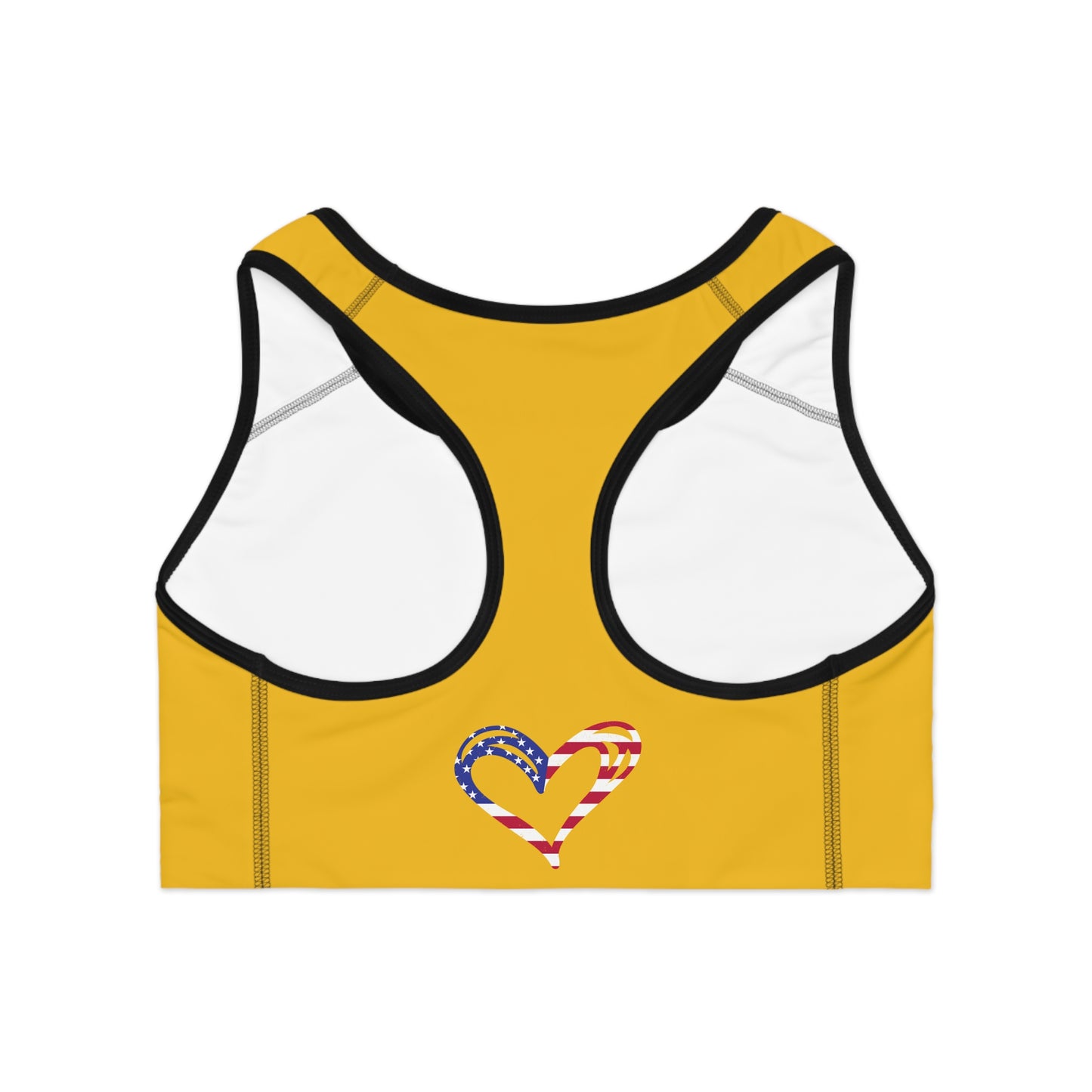 Princess Grace  Patriotic Heart Sports Bra  Yellow Fitness Top for Active Women