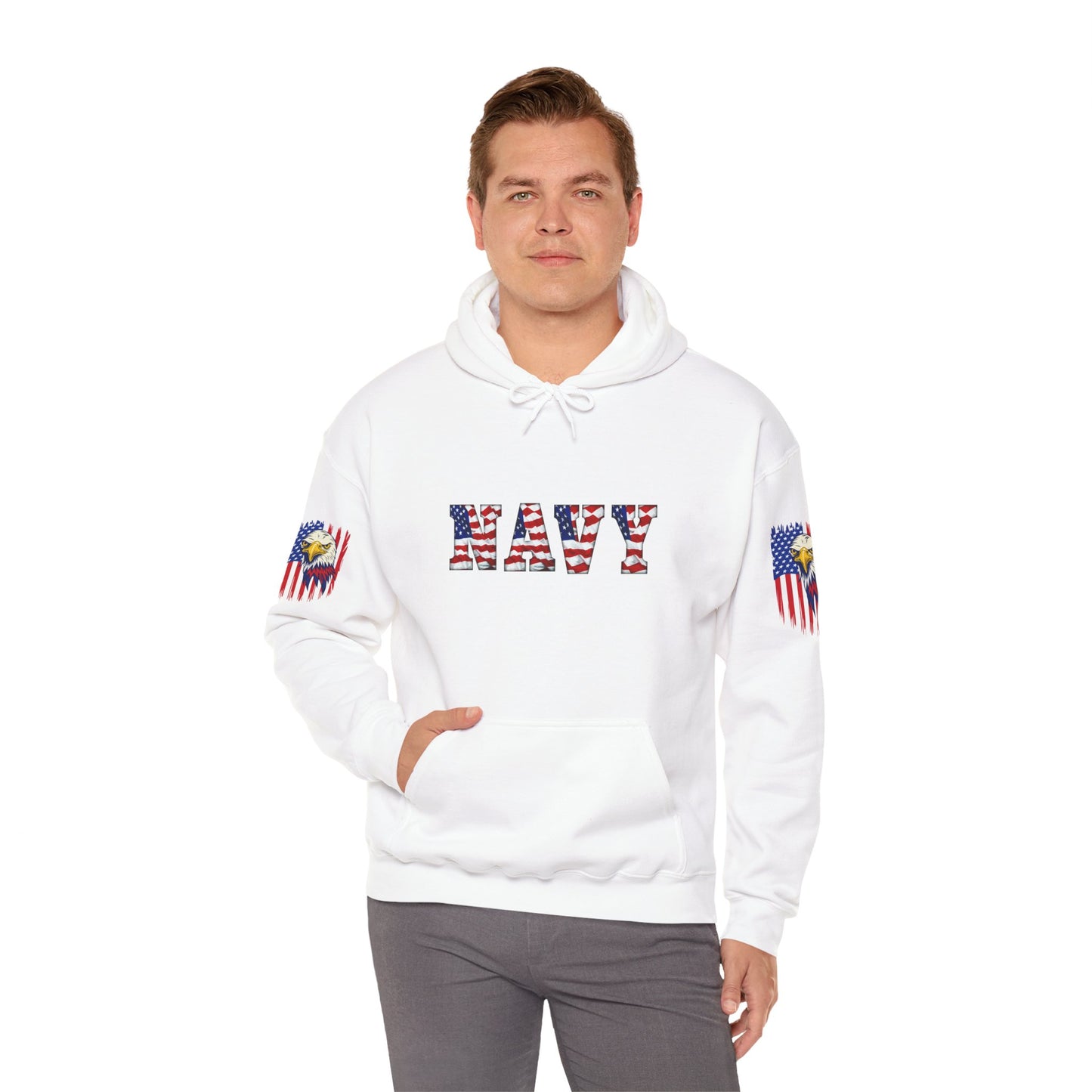 Princess Grace  Patriotic Eagle Navy Hoodie Unisex Heavy Blend Sweatshirt with Flags