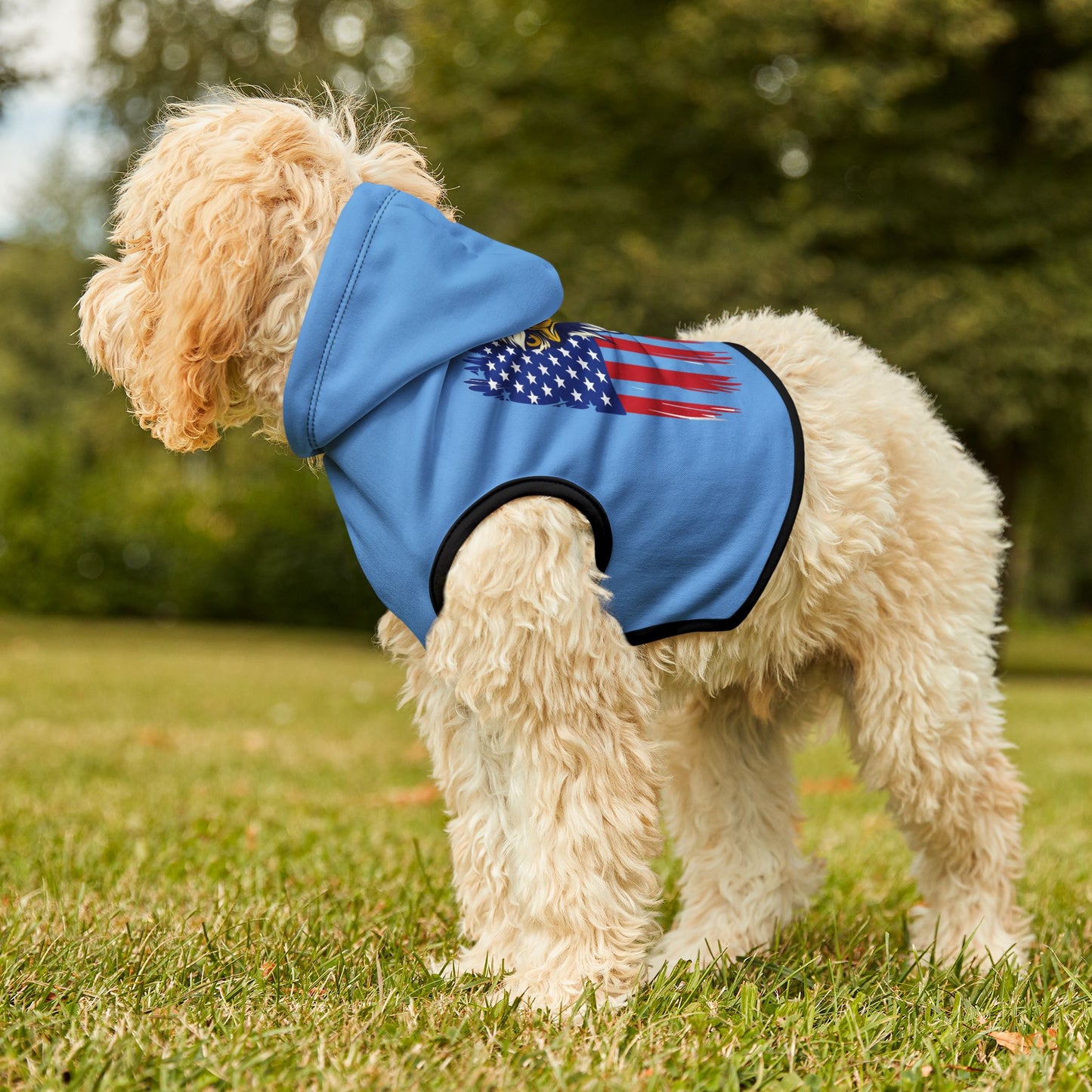 Princess Grace  Patriotic Eagle Pet Hoodie  Cozy Blue Dog Hoodie for Independence Day