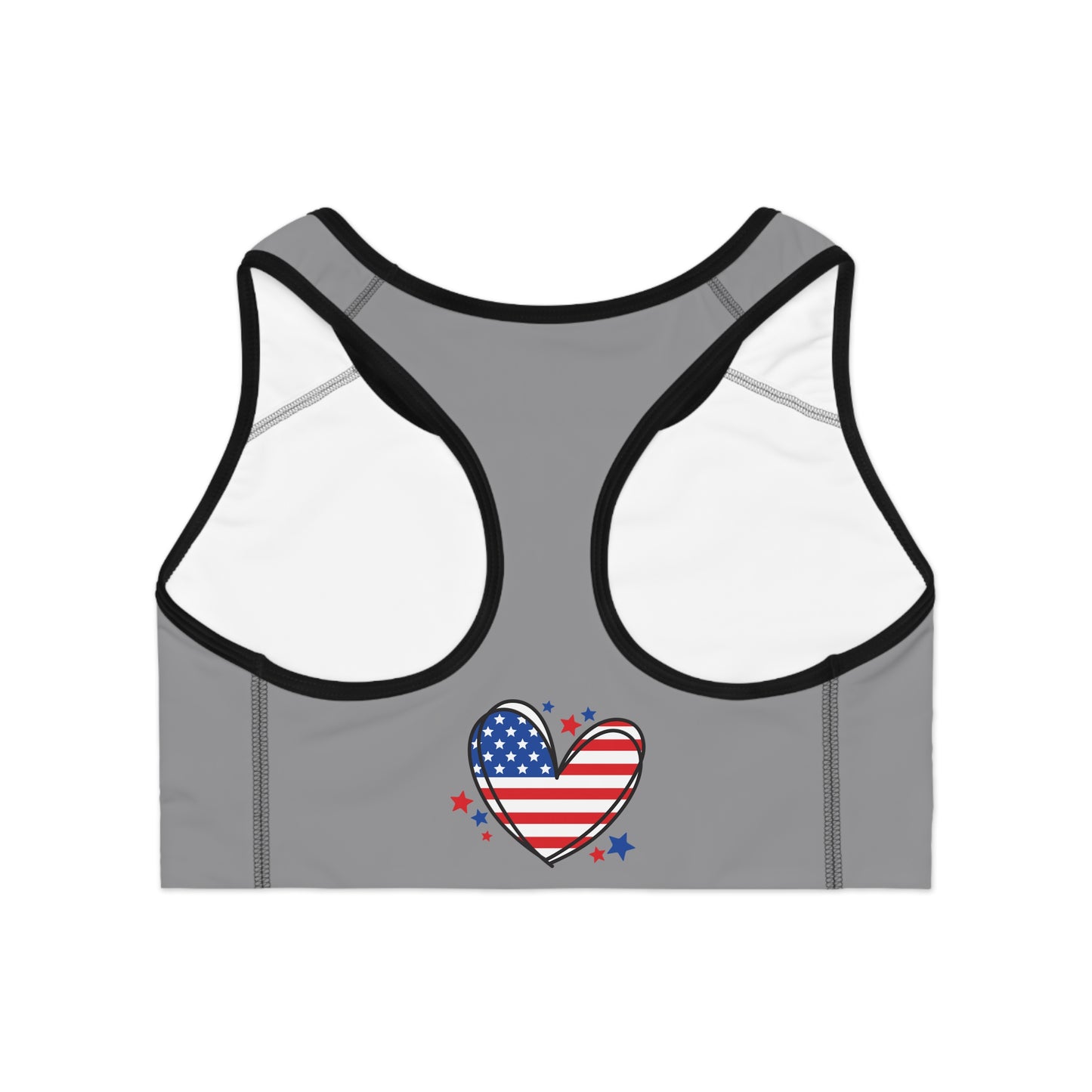 Princess Grace  Patriotic Heart Sports Bra American Flag Design for Fitness and Active Lifestyle