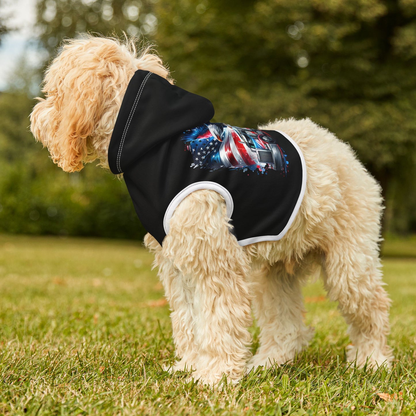 Princess Grace Patriotic Pet Hoodie with American Eagle and Truck Design