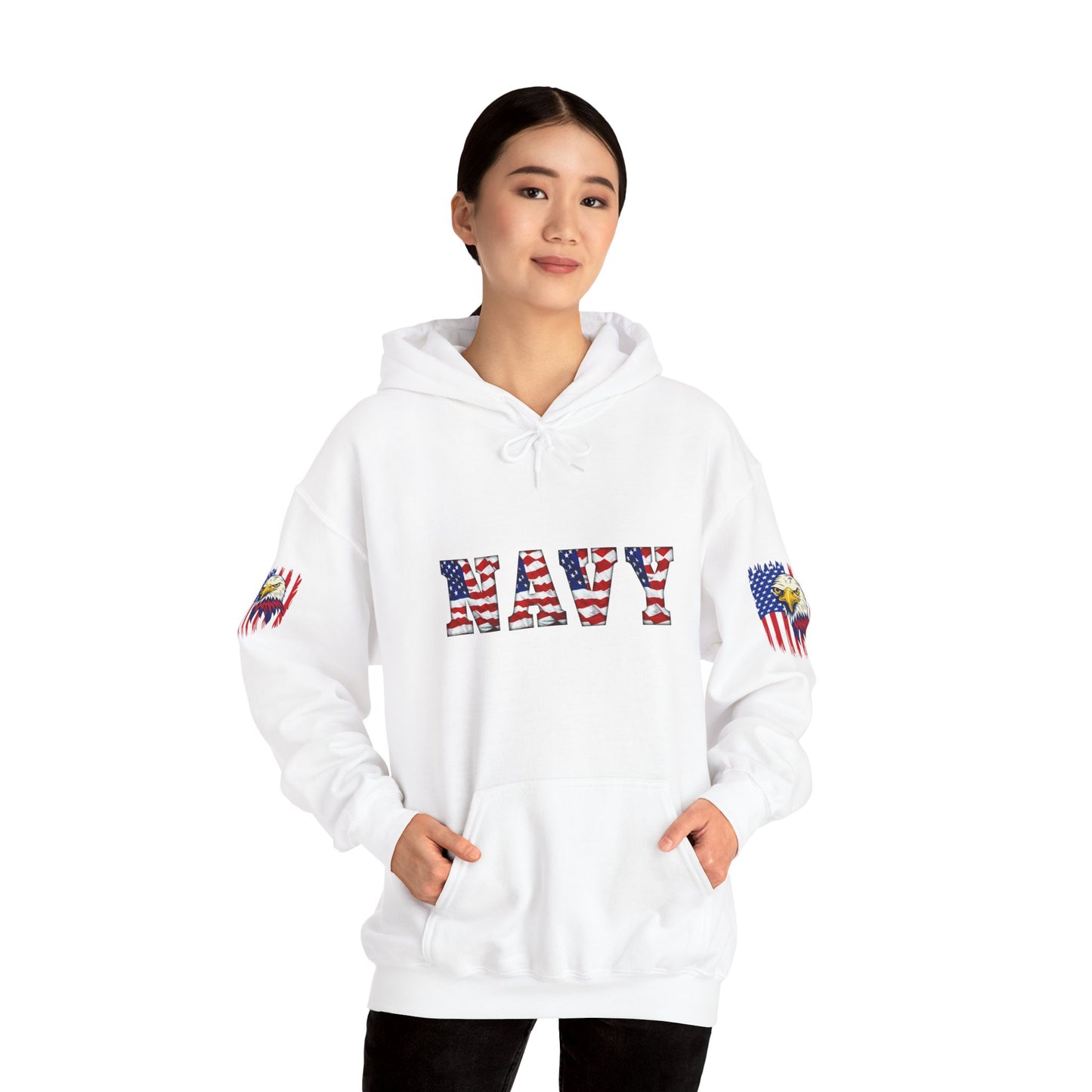 Princess Grace  Patriotic Eagle Navy Hoodie Unisex Heavy Blend Sweatshirt with Flags