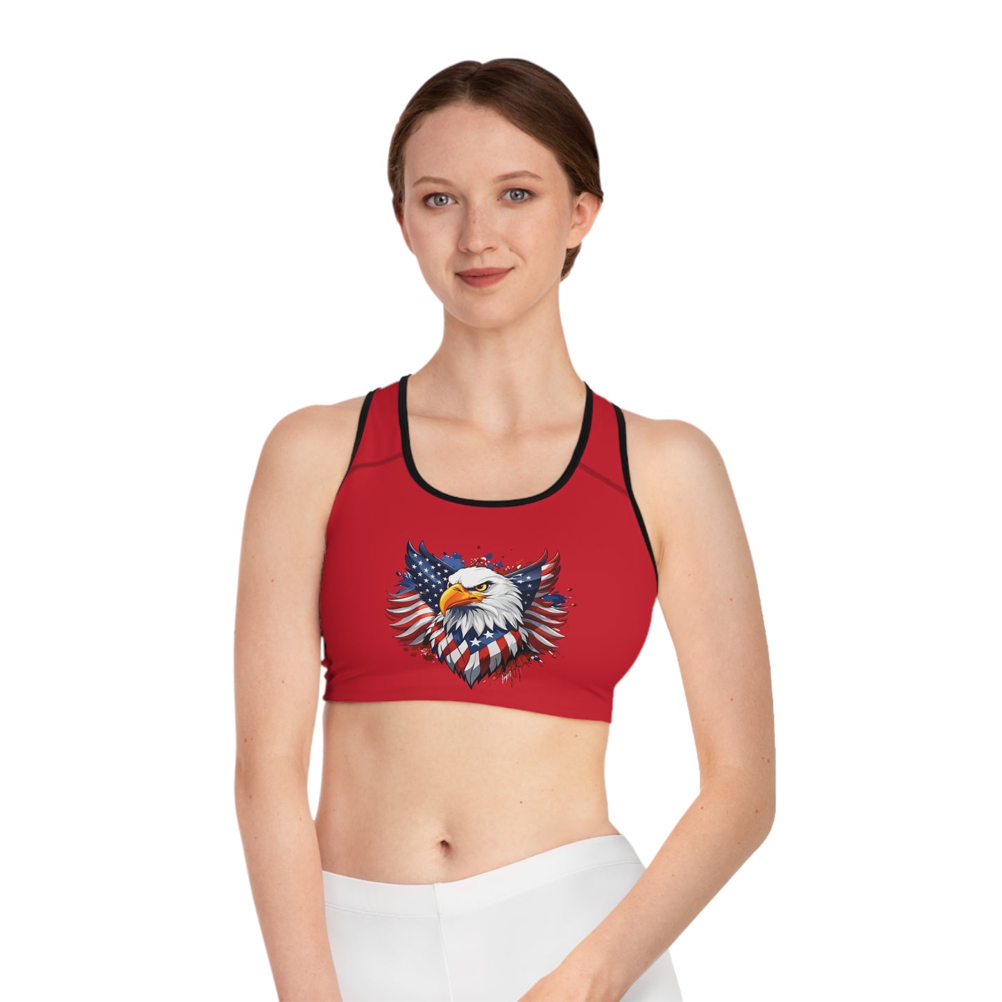 Princess Grace  Patriotic Eagle Sports Bra  Red American Flag Design for Active Lifestyle