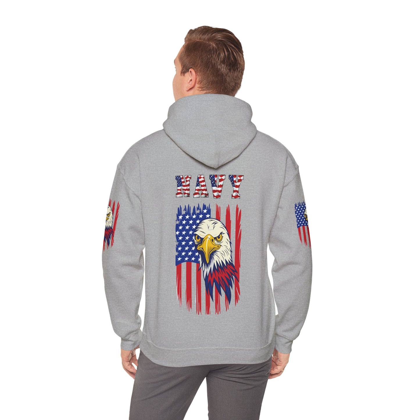 Princess Grace  Patriotic Eagle Navy Hoodie Unisex Heavy Blend Sweatshirt with Flags