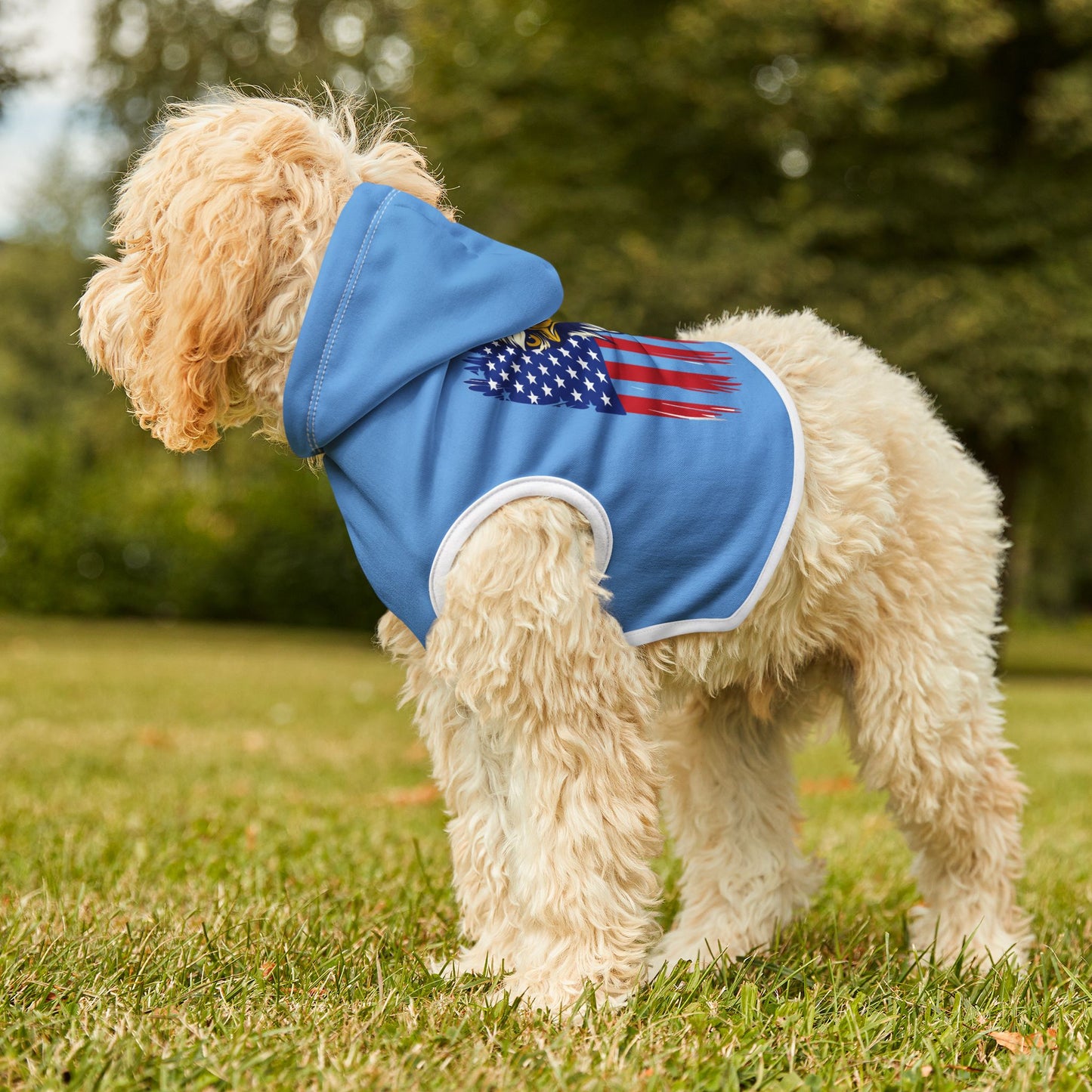 Princess Grace  Patriotic Eagle Pet Hoodie  Cozy Blue Dog Hoodie for Independence Day