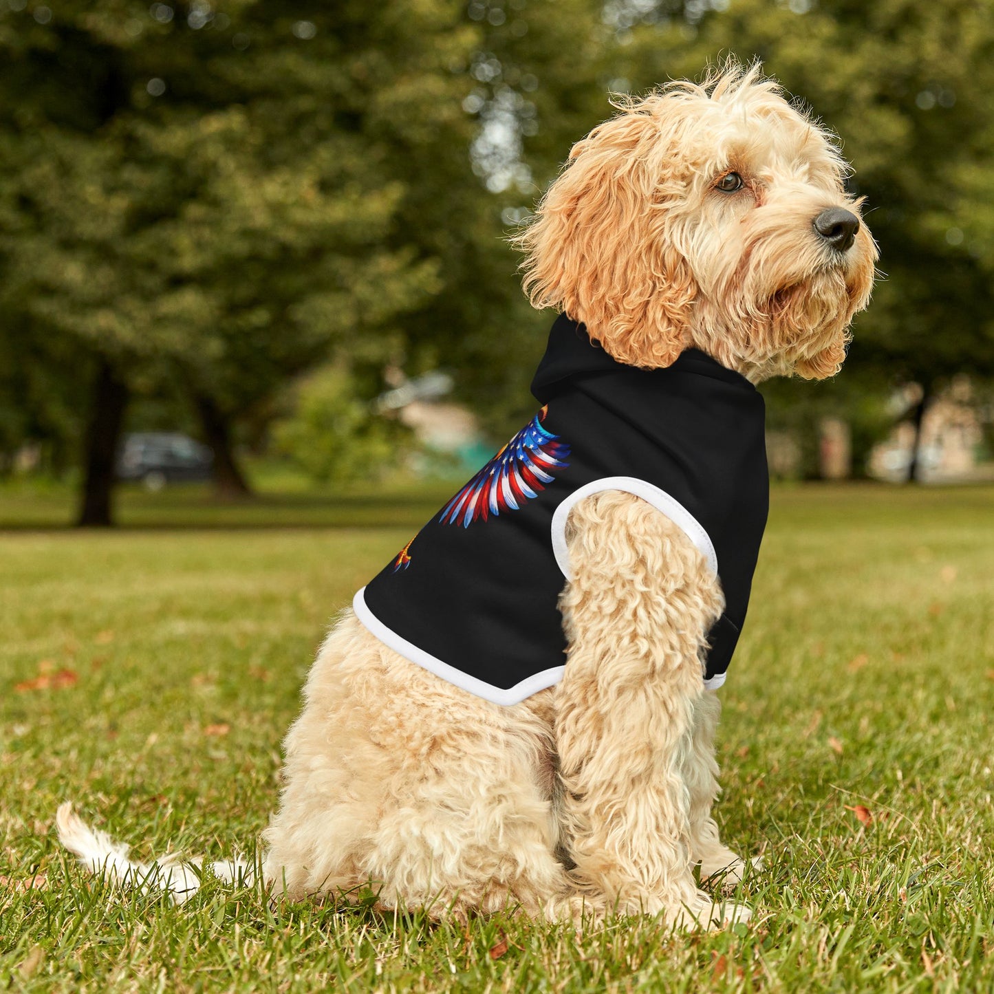 Princess Grace  Patriotic Eagle Pet Hoodie Stylish Black Dog Sweater for Independence Day & Year Round Wear