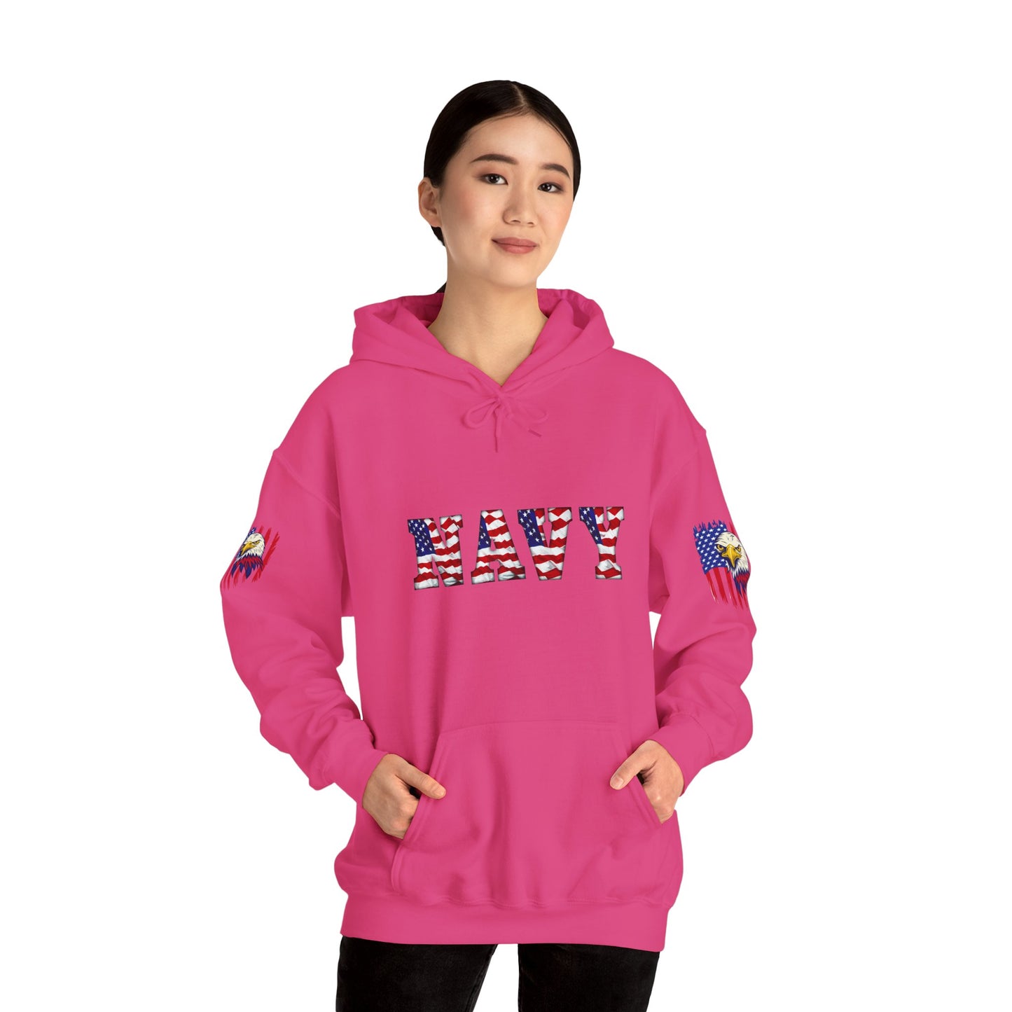 Princess Grace  Patriotic Eagle Navy Hoodie Unisex Heavy Blend Sweatshirt with Flags