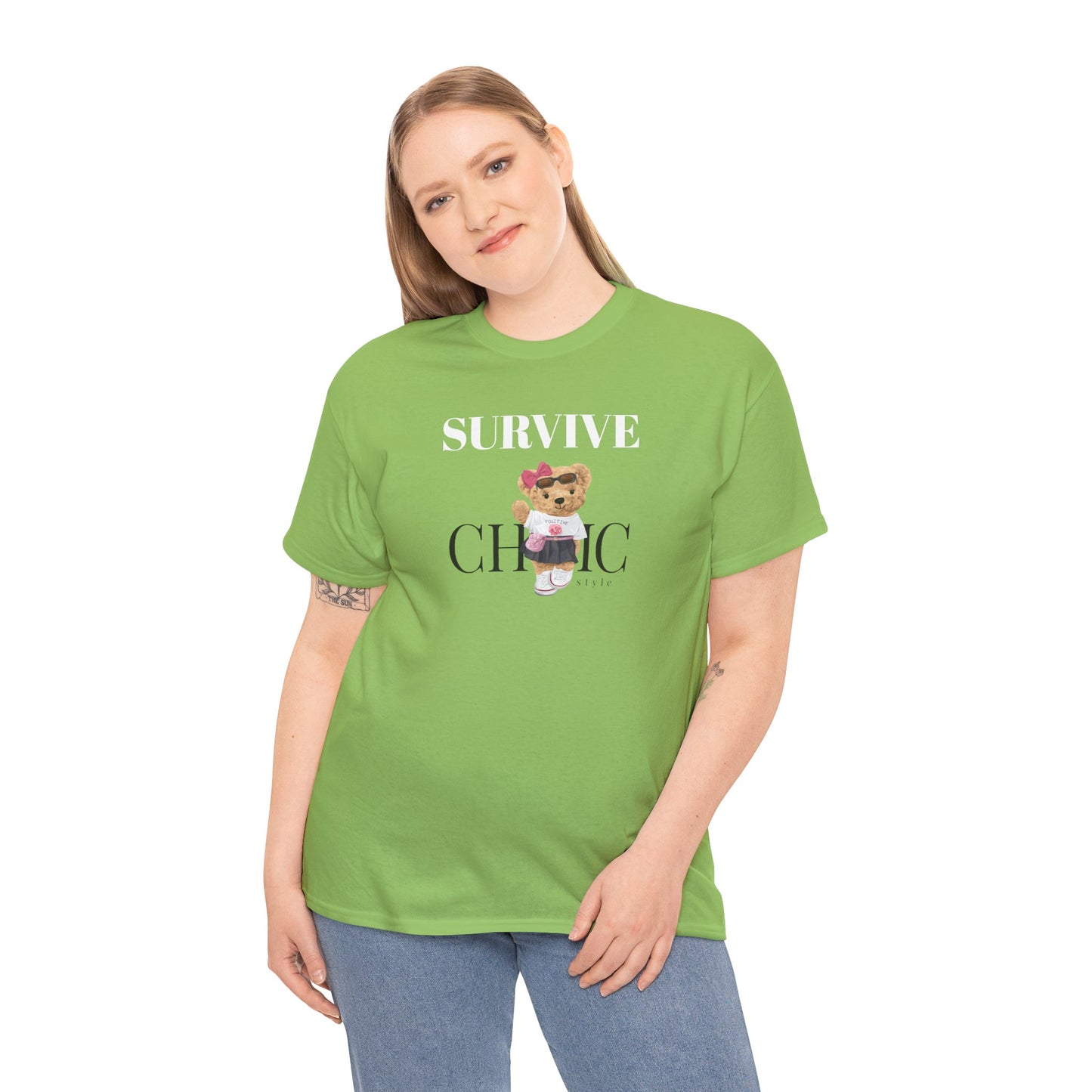 Princess Grace  Survive Chic Unisex Heavy Cotton Tee Cute Bear Graphic T-Shirt for Casual Style