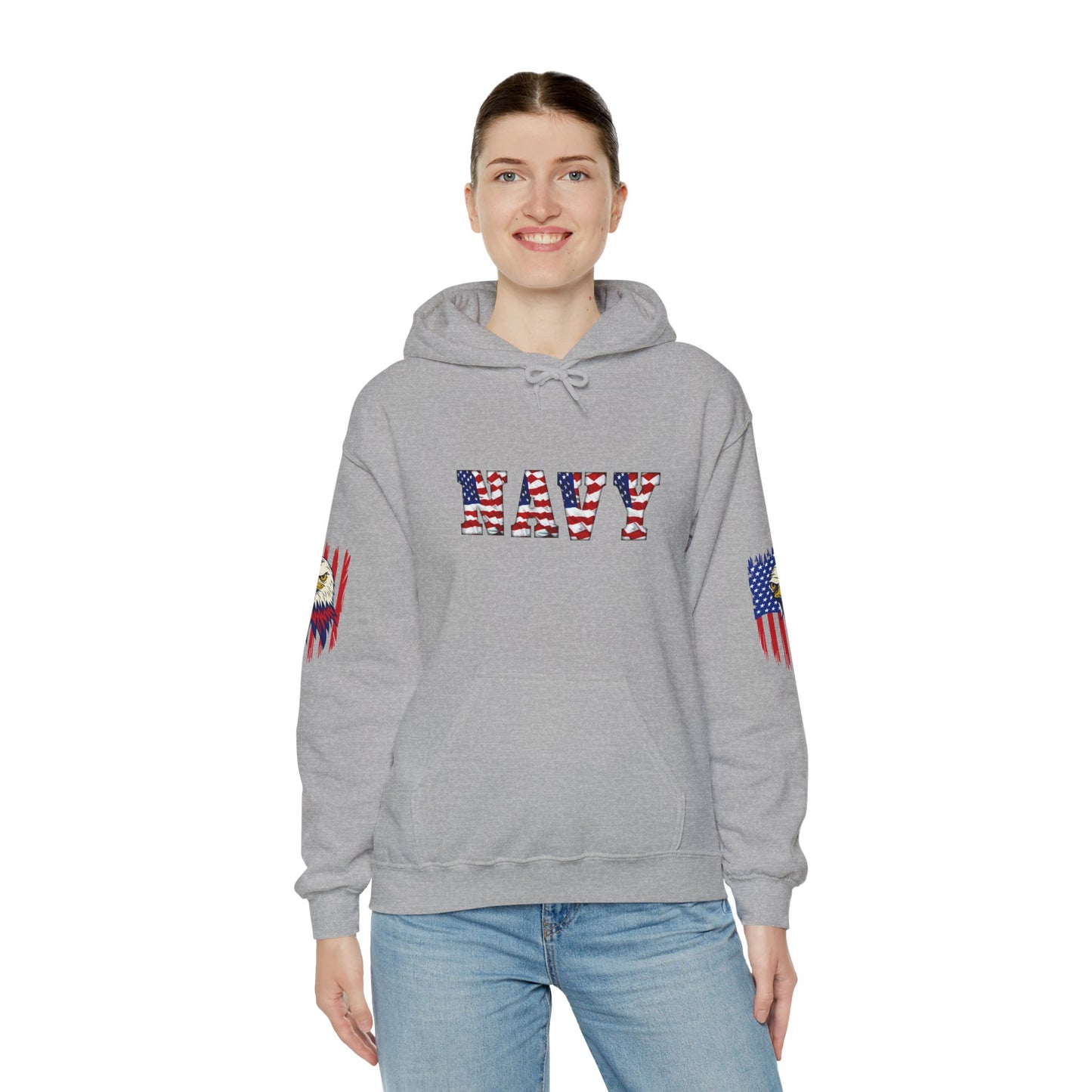 Princess Grace  Patriotic Eagle Navy Hoodie Unisex Heavy Blend Sweatshirt with Flags