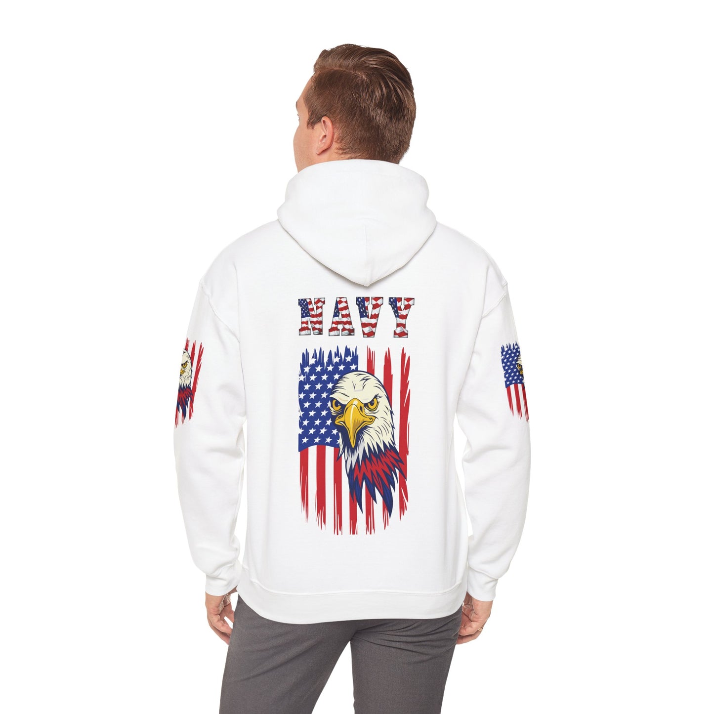 Princess Grace  Patriotic Eagle Navy Hoodie Unisex Heavy Blend Sweatshirt with Flags
