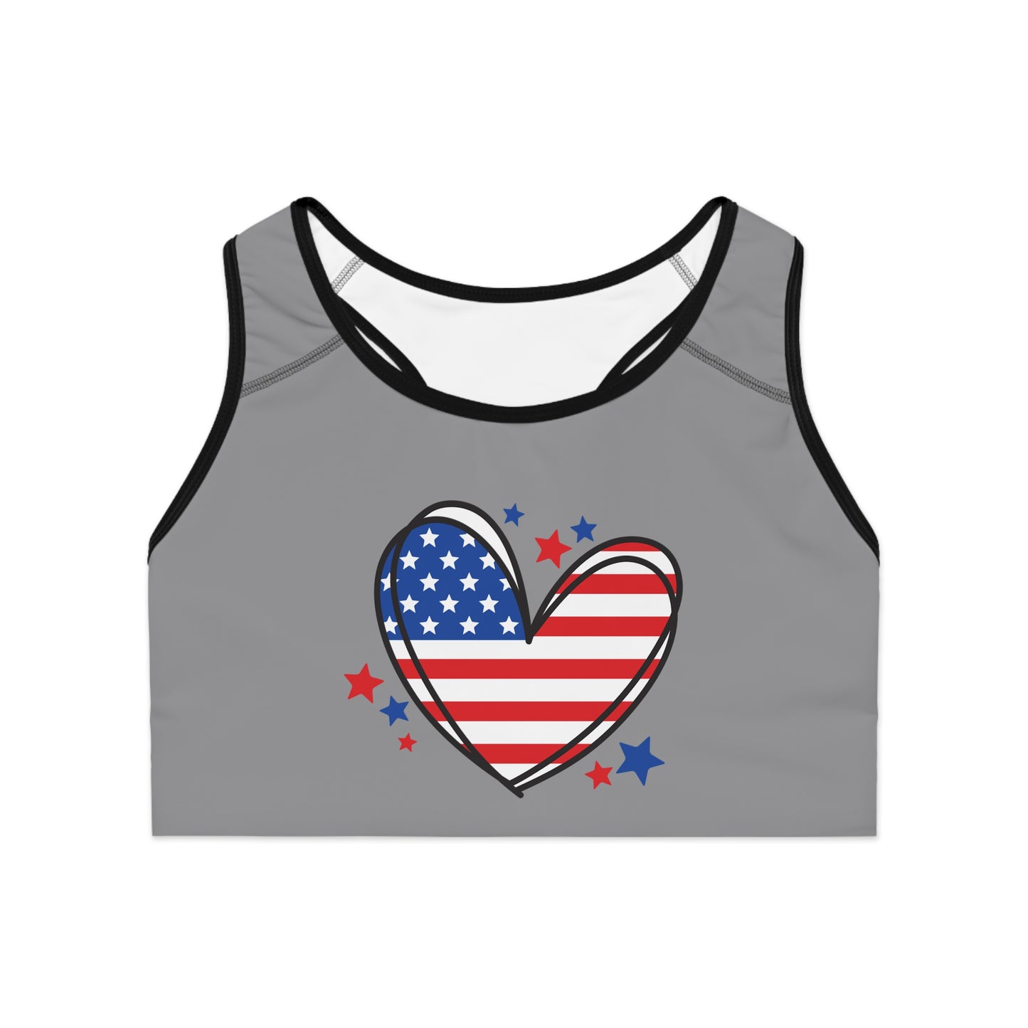 Princess Grace  Patriotic Heart Sports Bra American Flag Design for Fitness and Active Lifestyle