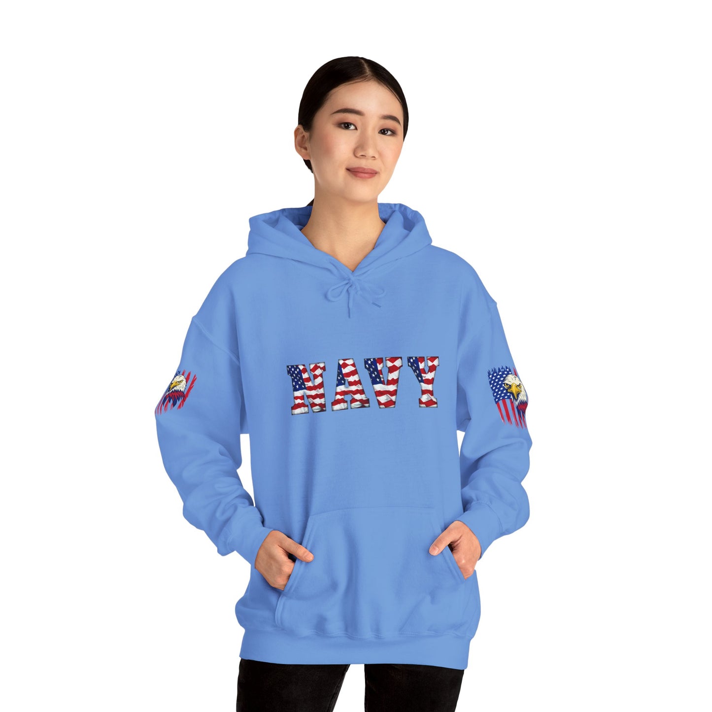 Princess Grace  Patriotic Eagle Navy Hoodie Unisex Heavy Blend Sweatshirt with Flags
