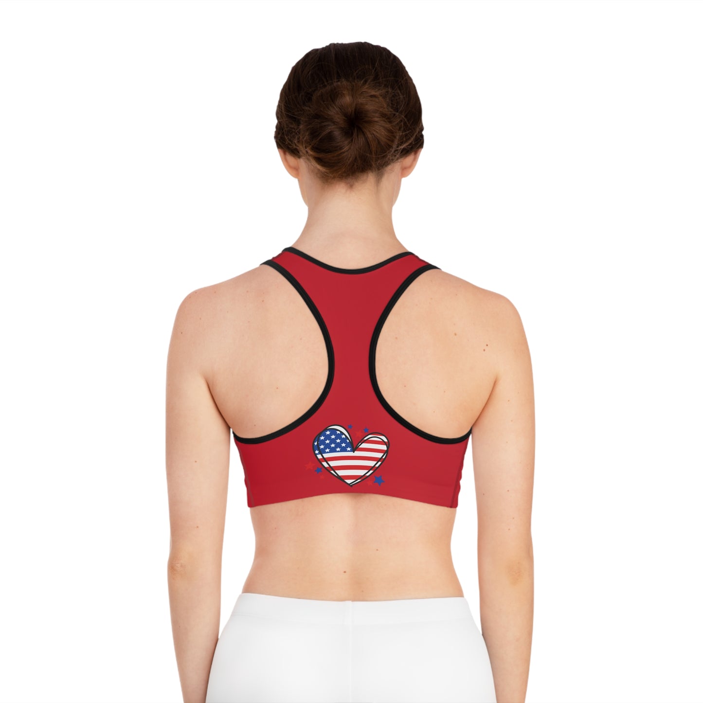 Princess Grace  Patriotic Love Sports Bra  Red Star-Heart Pattern for Active Lifestyle