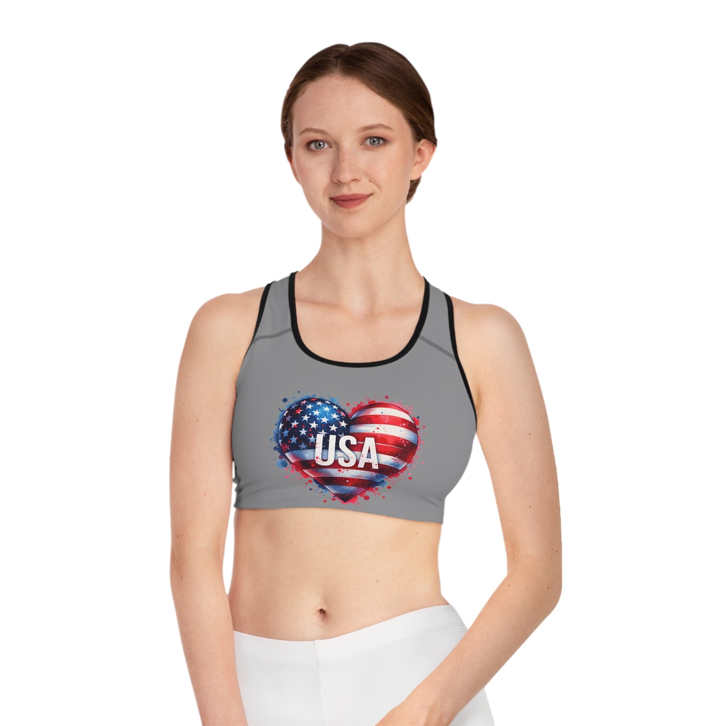 Princess Grace  USA Heart Sports Bra  Patriotic Activewear for Fitness Enthusiasts