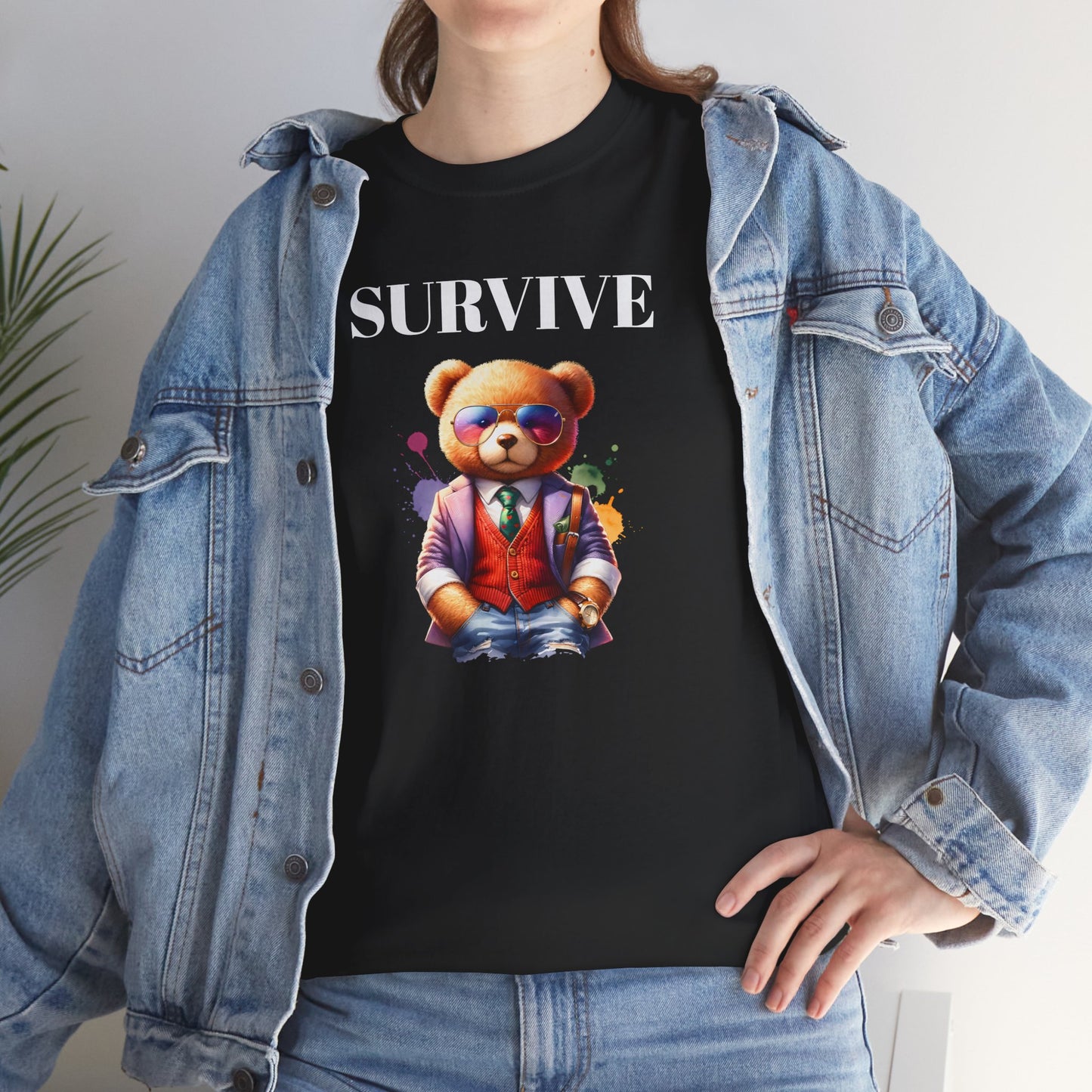 Princess Grace  Unisex Heavy Cotton Tee  'Survive' Teddy Bear Graphic T-Shirt for Casual Wear