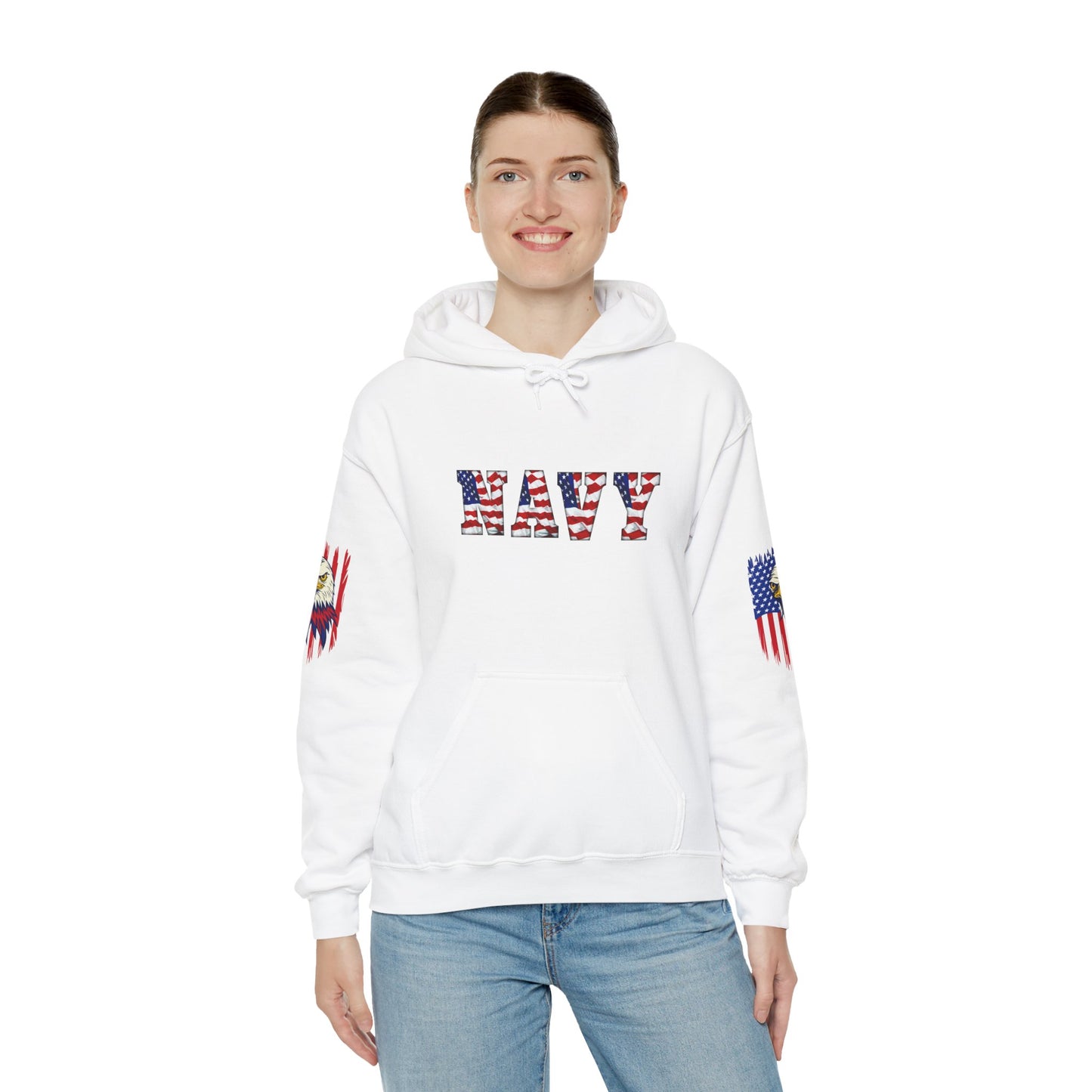Princess Grace  Patriotic Eagle Navy Hoodie Unisex Heavy Blend Sweatshirt with Flags
