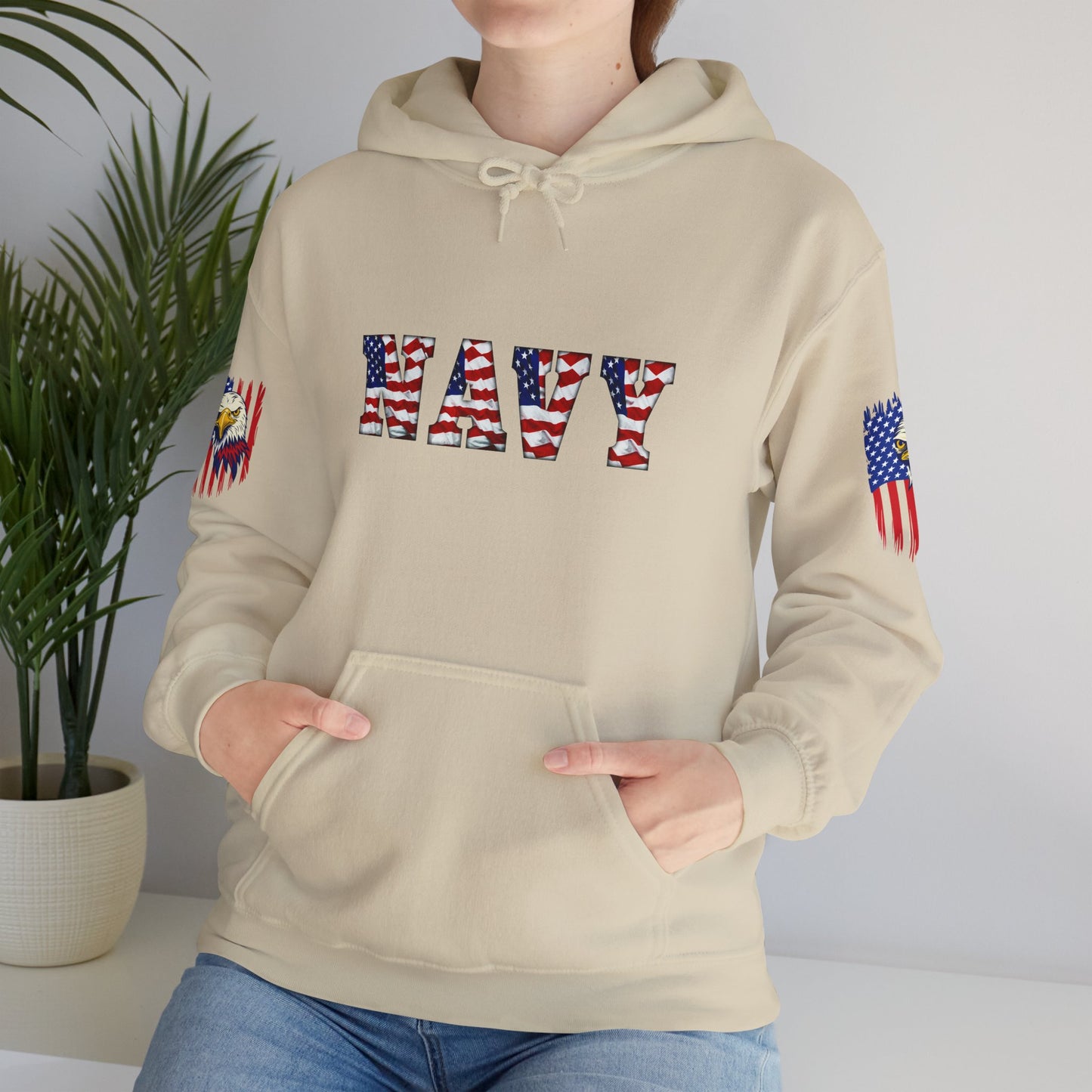 Princess Grace  Patriotic Eagle Navy Hoodie Unisex Heavy Blend Sweatshirt with Flags
