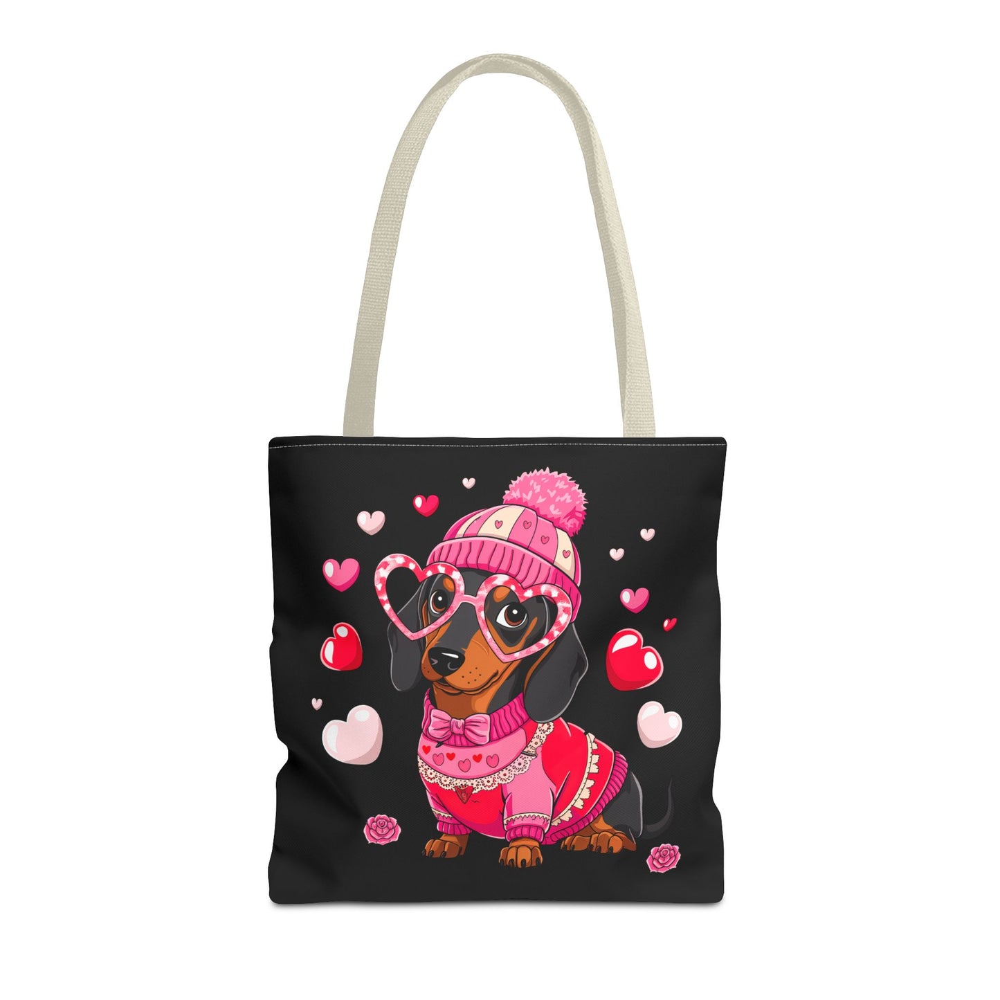 Princess Grace  Cute Dog Lover Tote Bag Adorable Valentines Gift with Heart and Pink Sweater Design